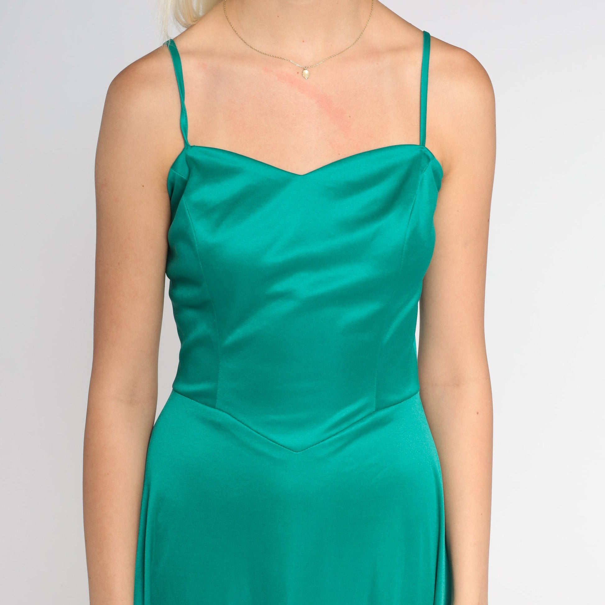 70s Green Maxi Dress Sweetheart Neckline Basque Waist Sleeveless Small S