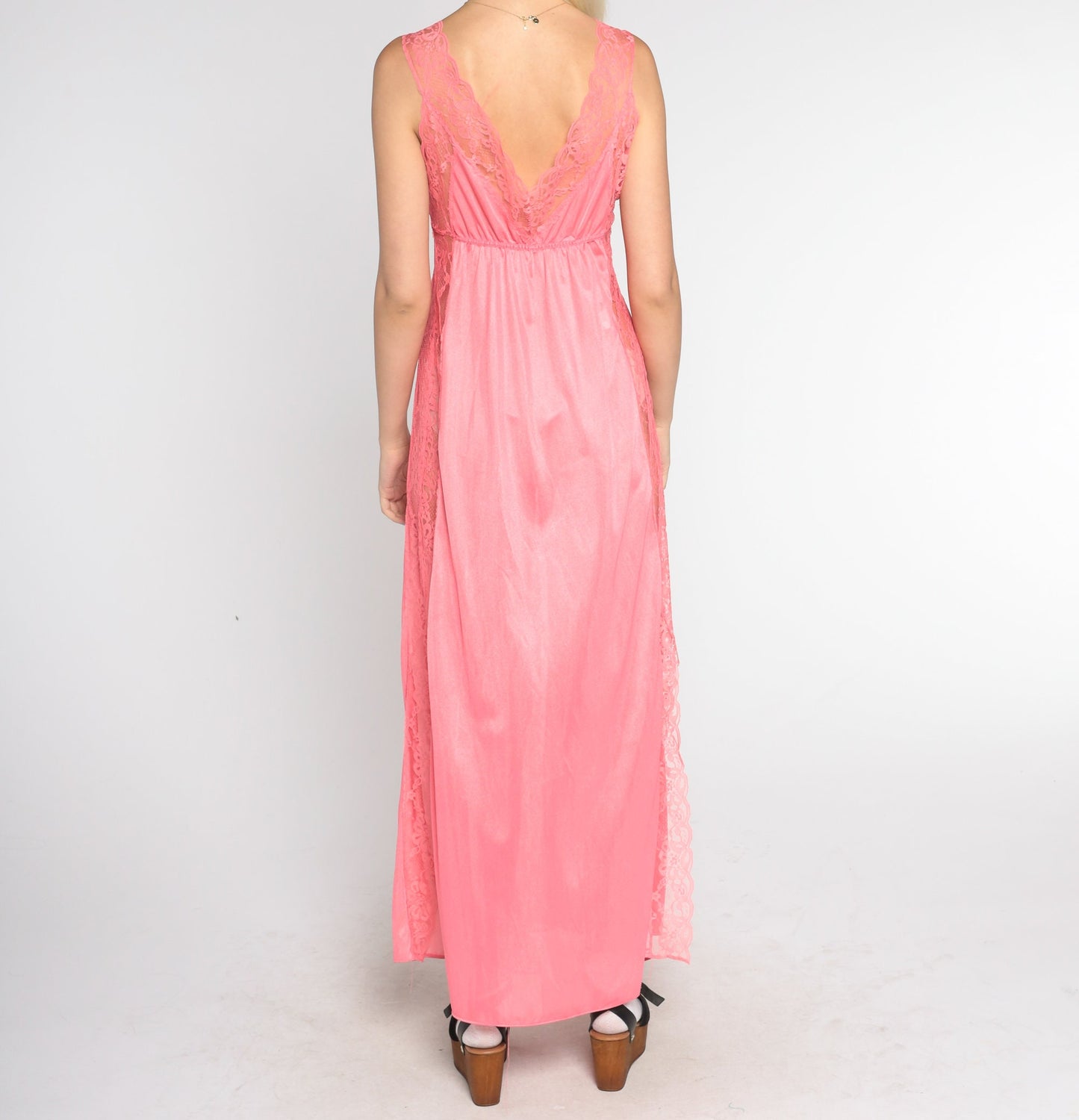 70s Bright Pink Sheer Floral Lace Nightgown Maxi Empire Waist Small