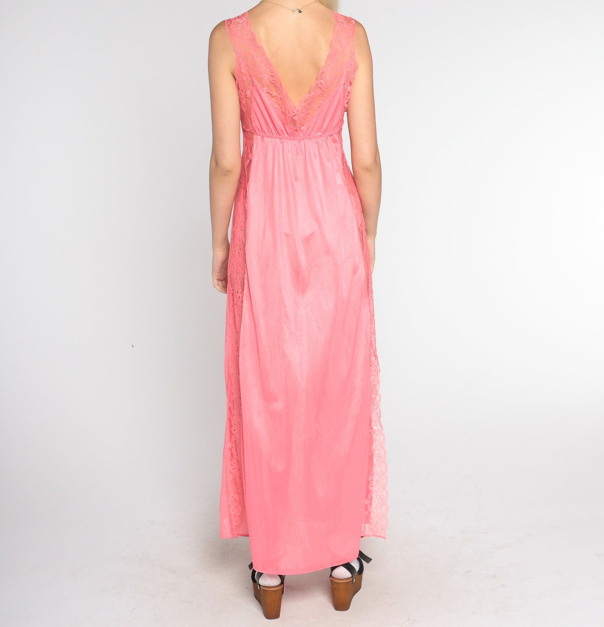 70s Bright Pink Sheer Floral Lace Nightgown Maxi Empire Waist Small