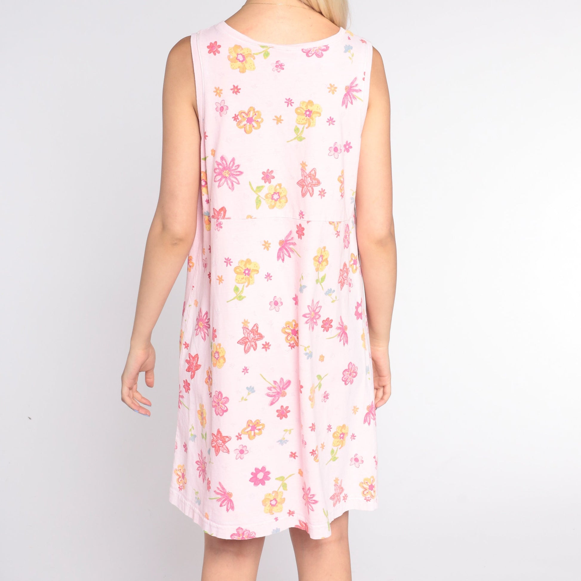 Y2K Pink Floral Tank Mini Dress V-Neck Cotton Small
