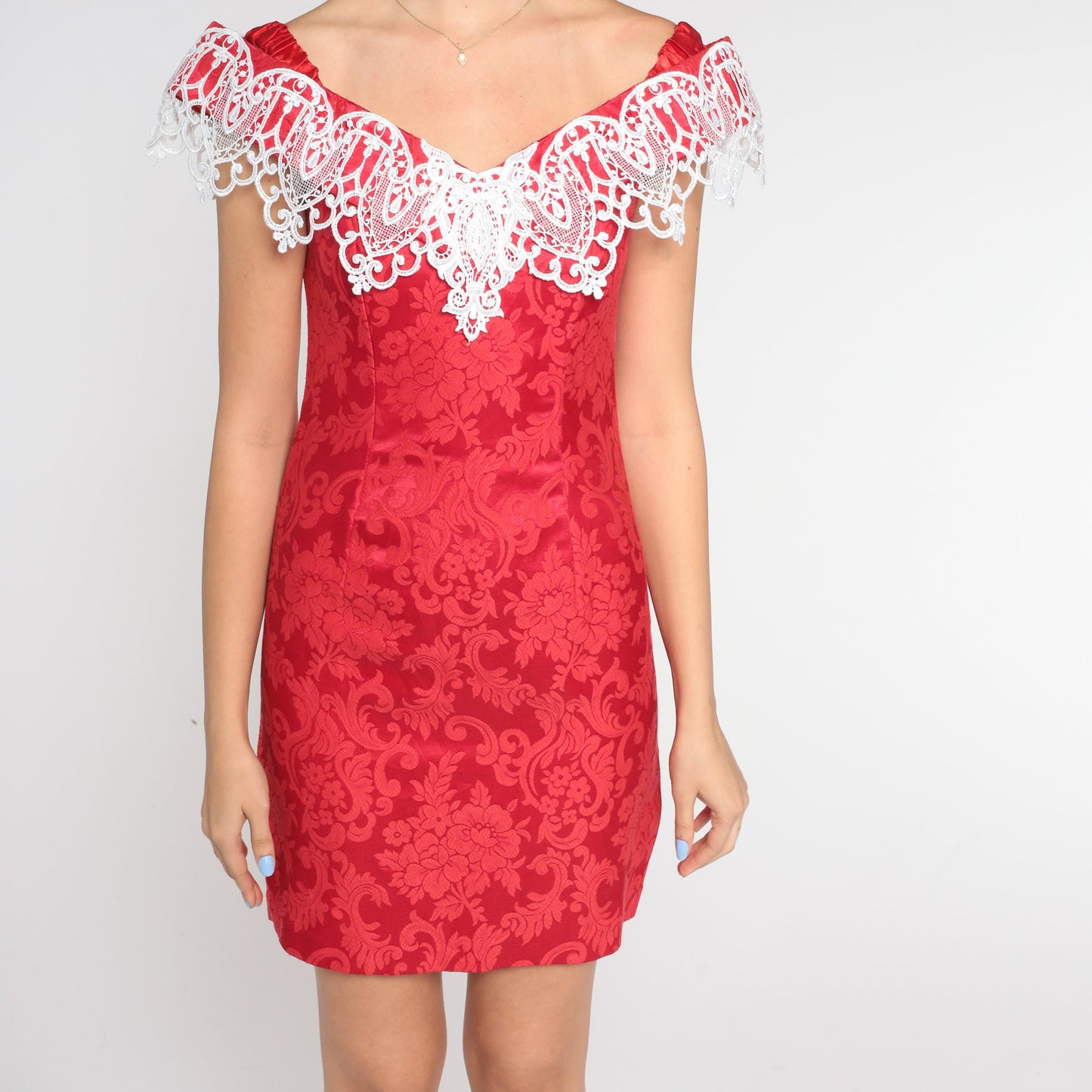 Gunne Sax 80s Red Floral Embossed Mini Dress Off-Shoulder Lace Trim Extra Small