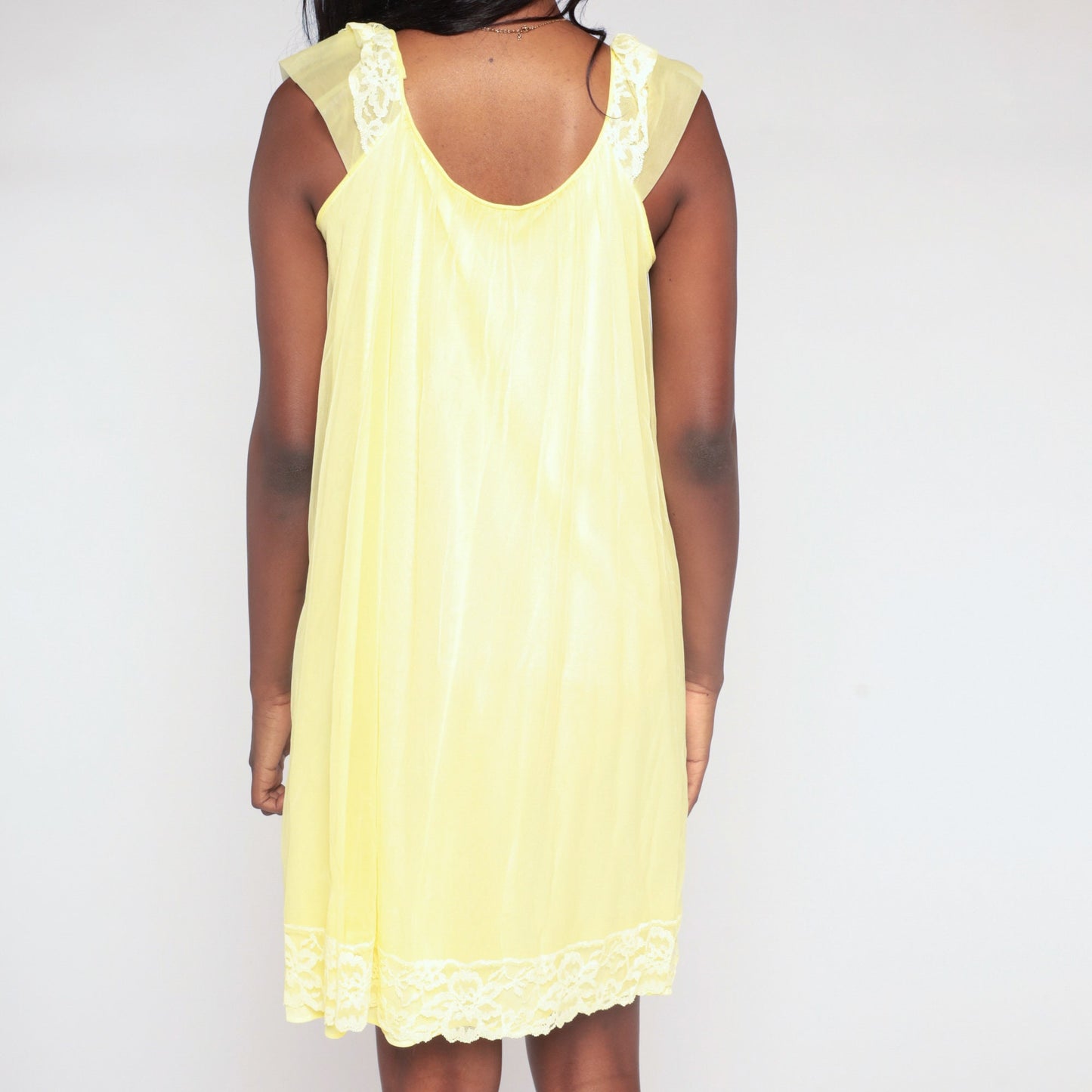 70s Yellow Nylon Nightgown Lace Cap Sleeve Mini Tent Cut Medium