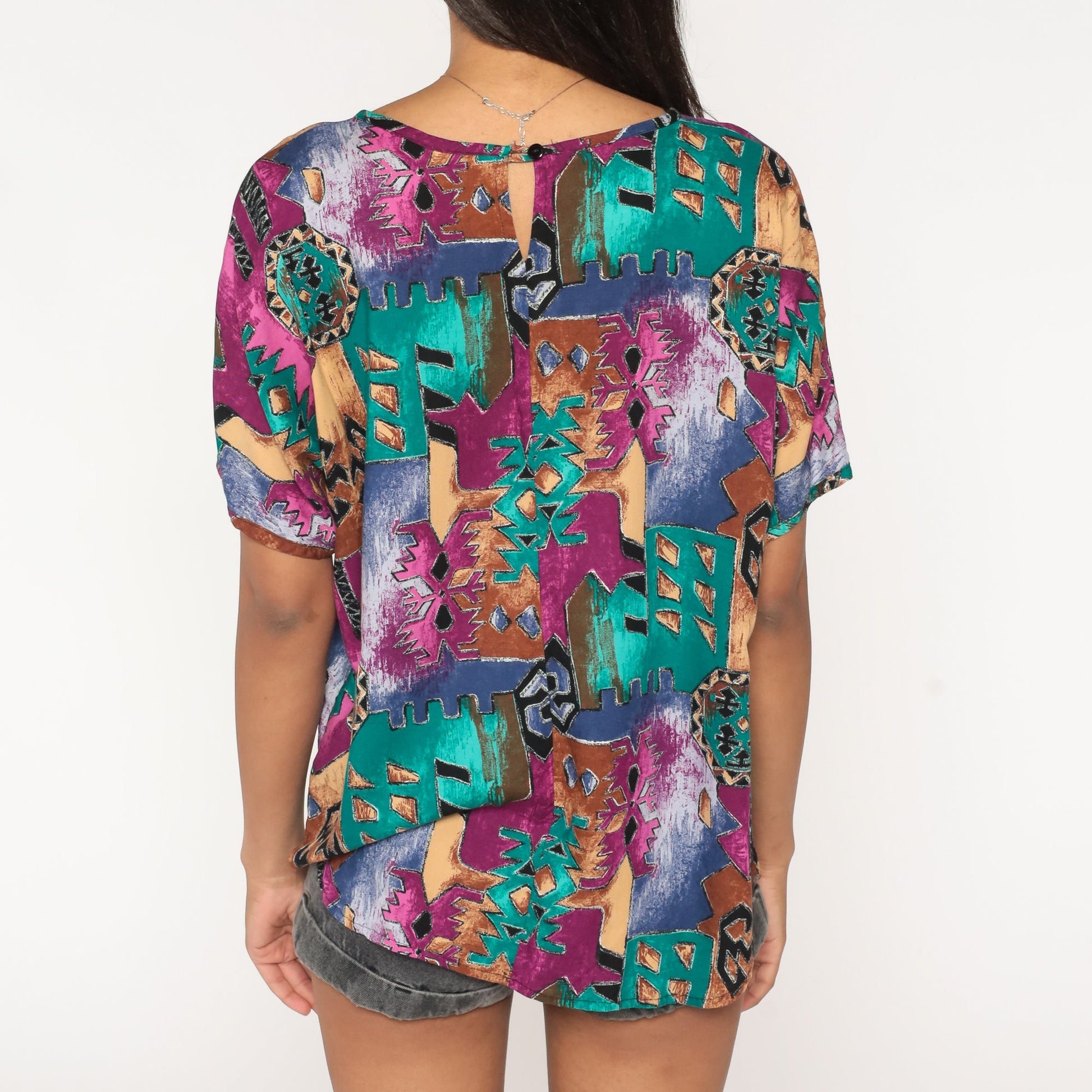 90s Geometric Southwest Blouse Short Sleeve Jewel Tone Rayon Large L