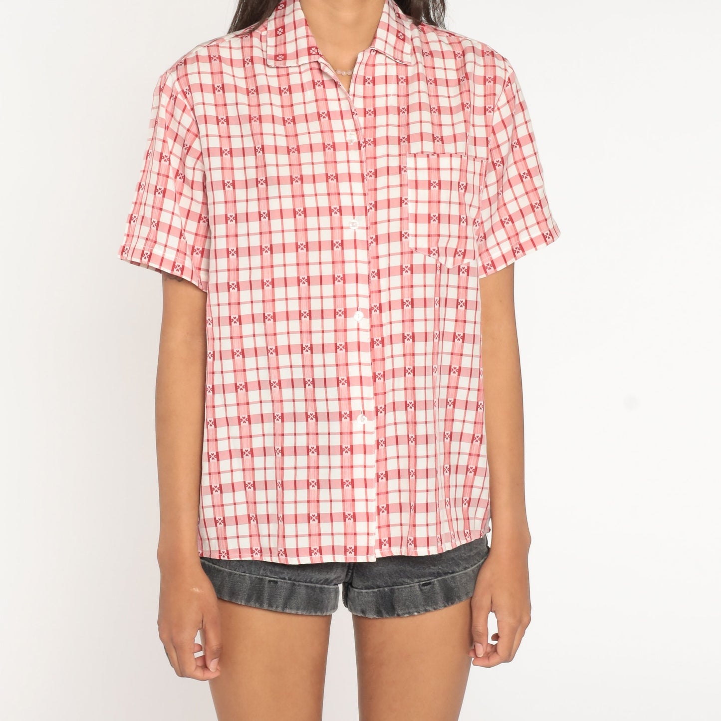 80s Plaid Heart Print Button-Up Shirt Red White Medium Large