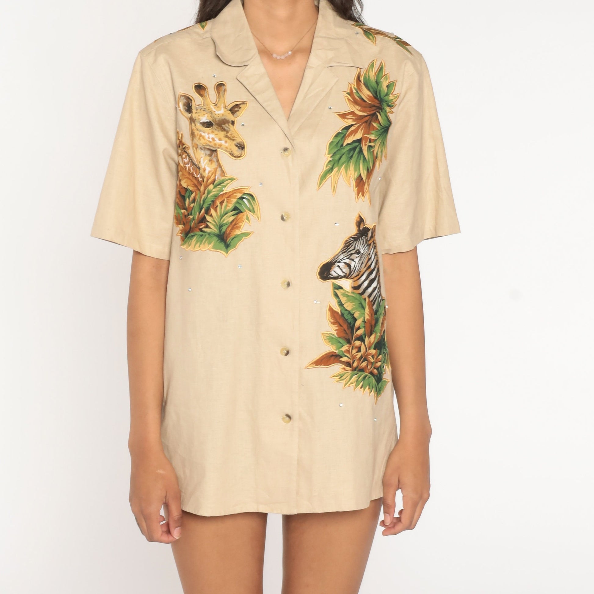 00s Cracker Factory Safari Animal Button Up Shirt Zebra Giraffe Tan Large L
