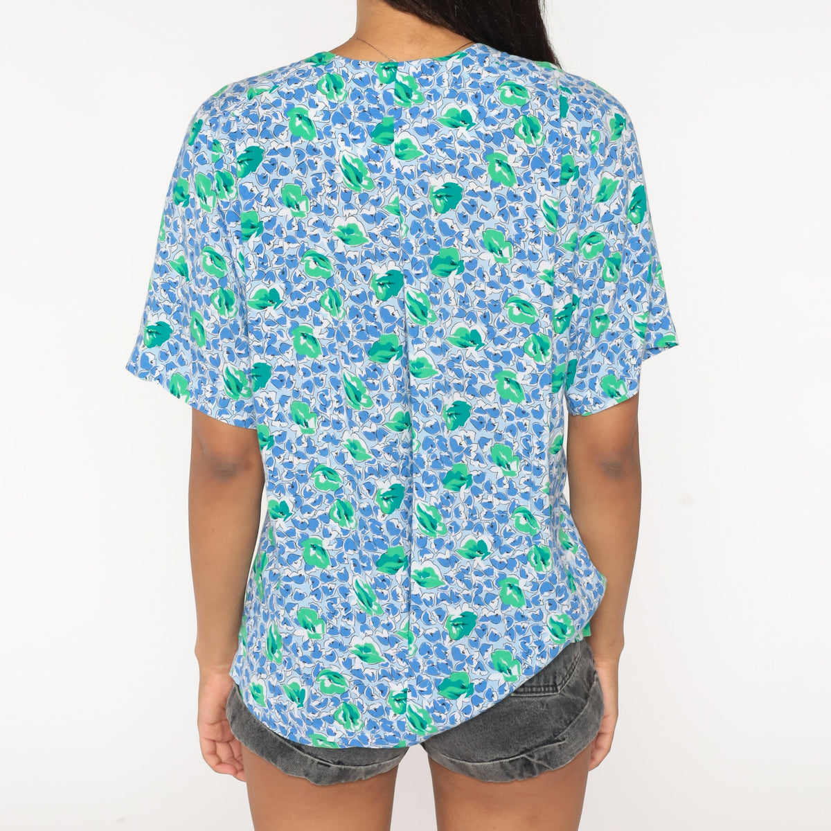 80s Blue Green Floral Button-Up Blouse Short Sleeve Hidden Placket Medium Large
