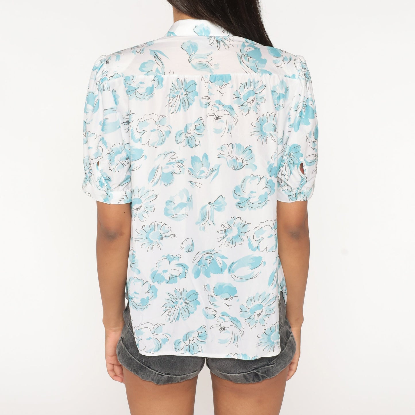 80s Floral Puff Sleeve Button-Up Blouse White Watercolor Print Large L
