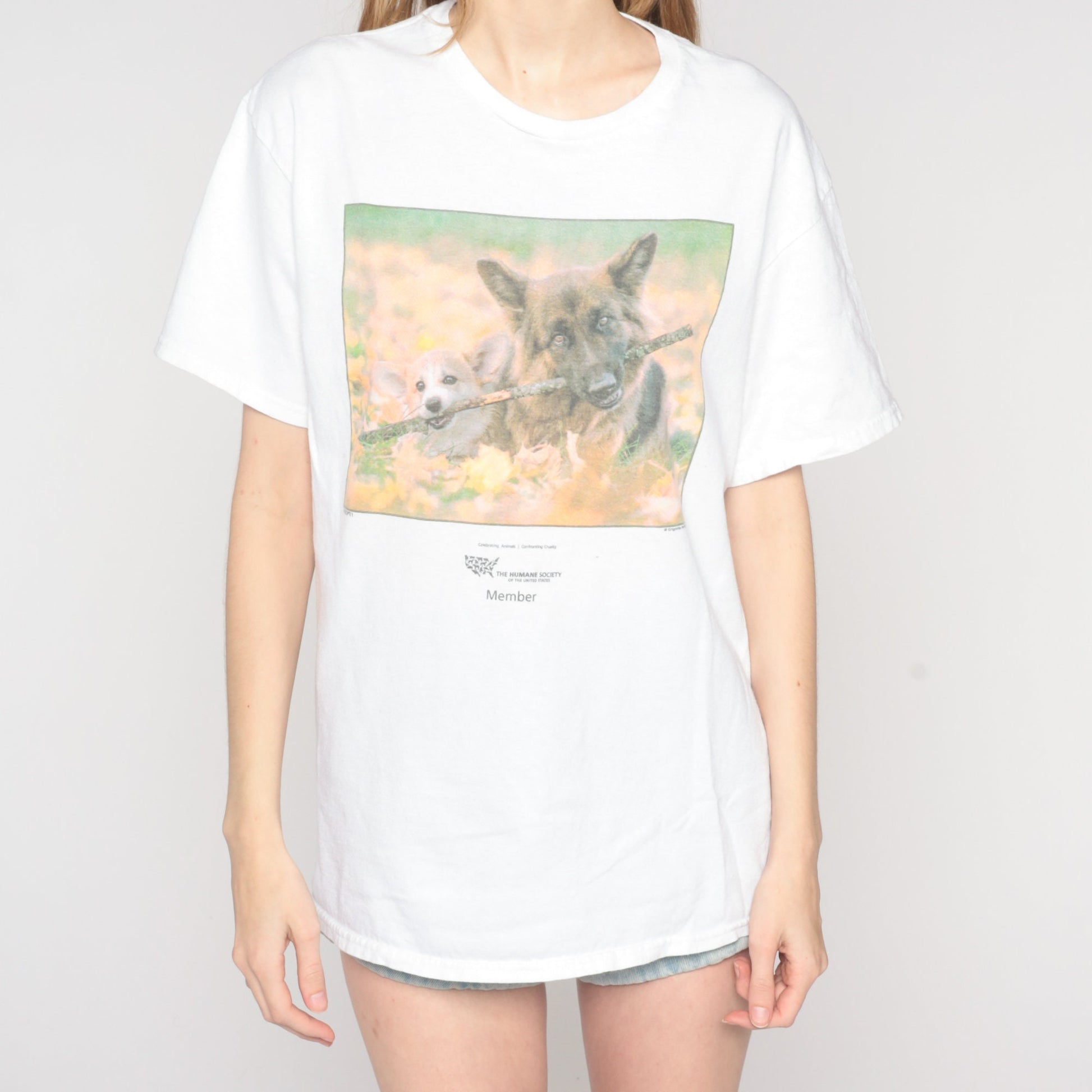 Y2K US Humane Society Dog Graphic T-Shirt German Shepherd Corgi Cotton Large L