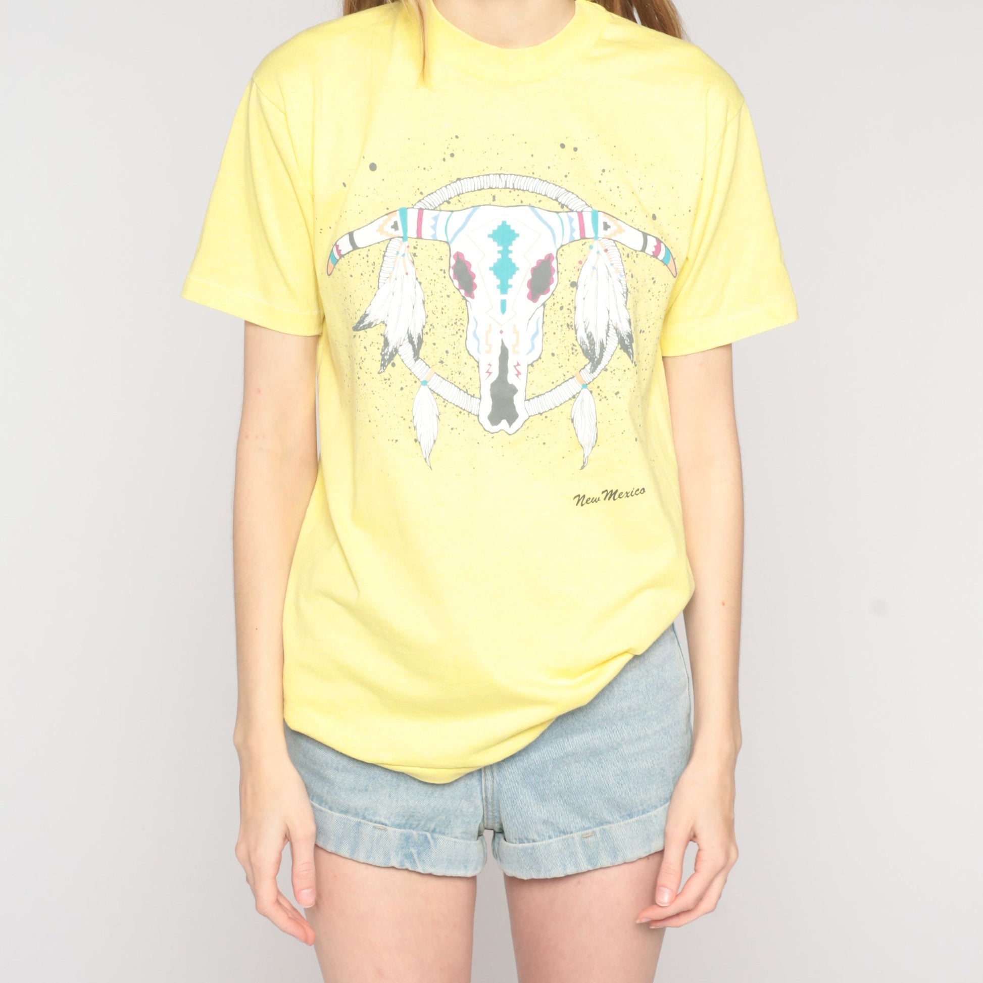 90s New Mexico Dreamcatcher Steer Skull Graphic Tee Yellow Medium