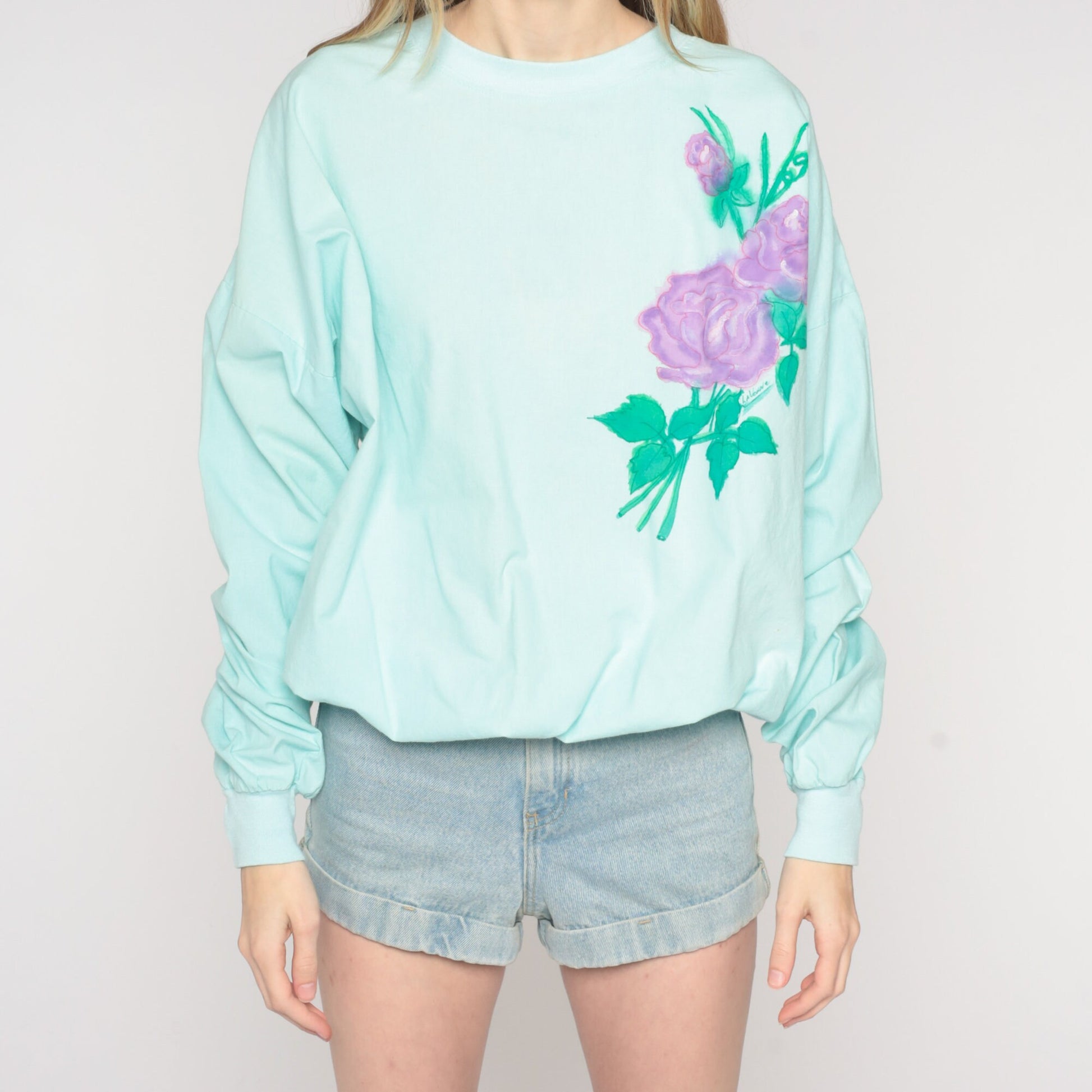 80s Airbrushed Rose Sweatshirt Mint Blue Floral Crewneck Extra Large XXL