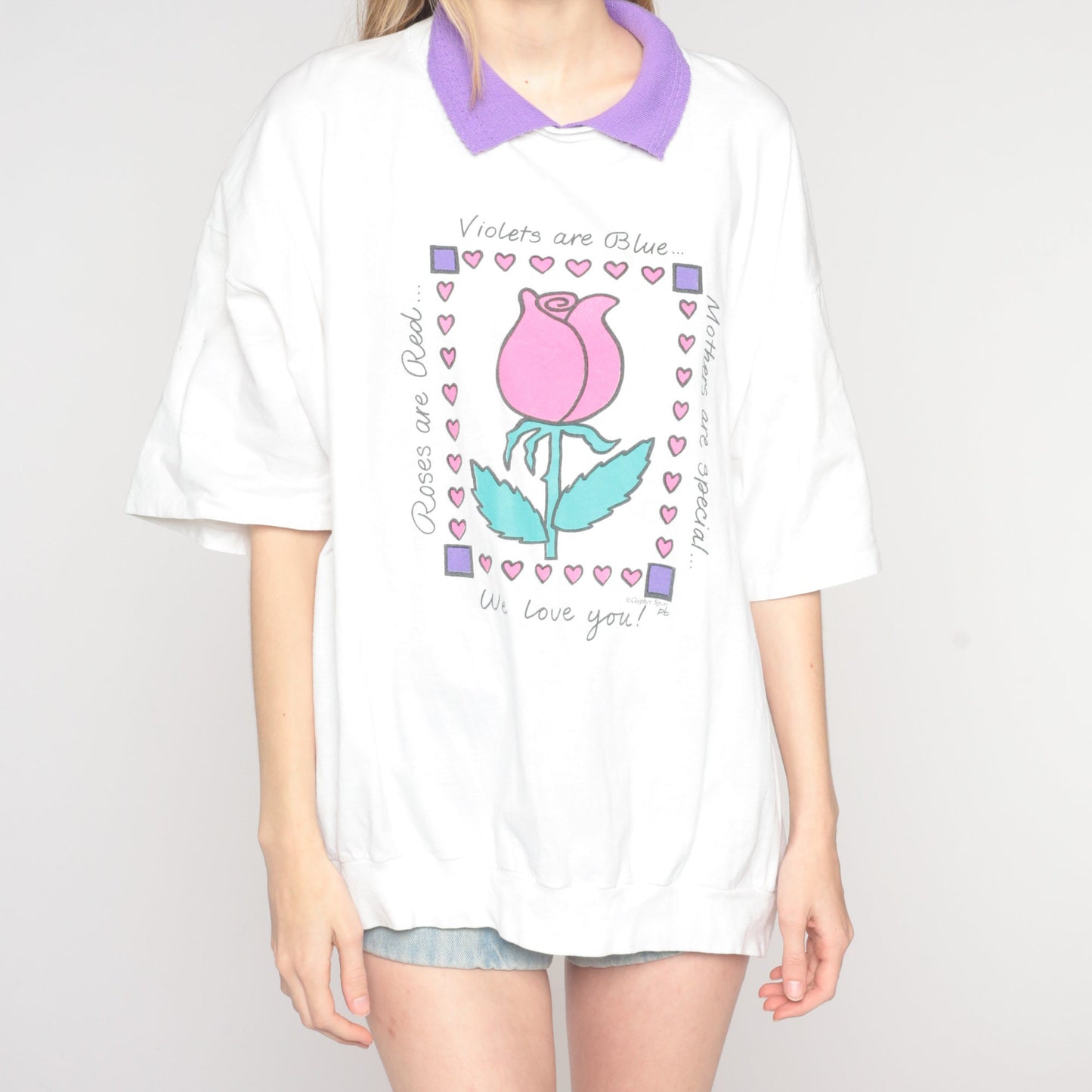90s Mom Graphic T-Shirt Collared White Purple Rose Heart Tee Plus Size XXL