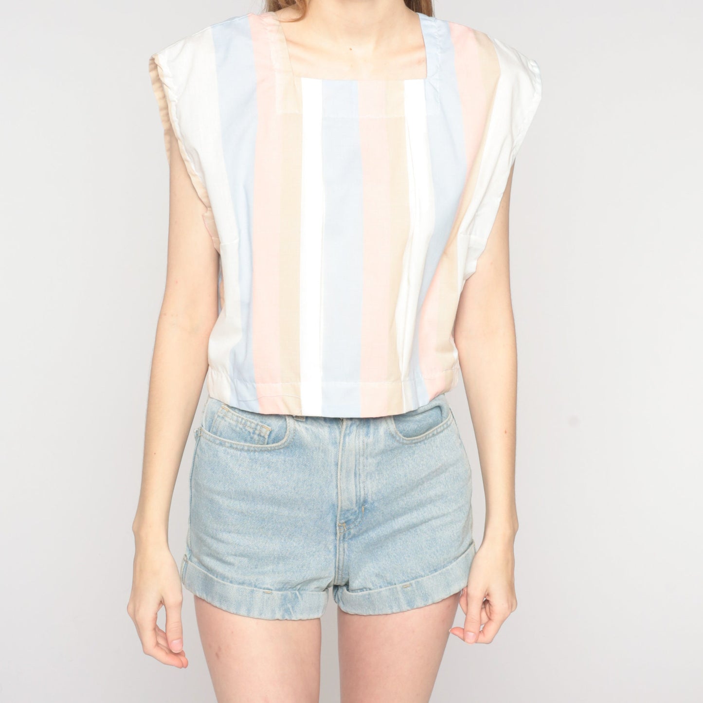 80s Striped Cap Sleeve Tank Top Pastel Blue Pink White Large L