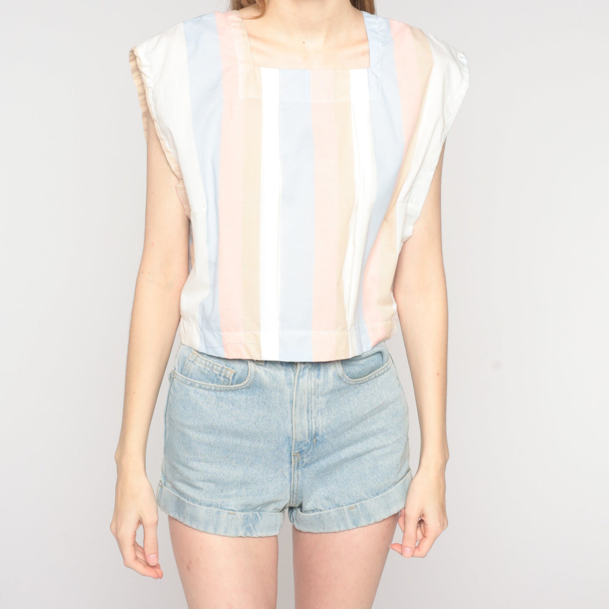 80s Striped Cap Sleeve Tank Top Pastel Blue Pink White Large L
