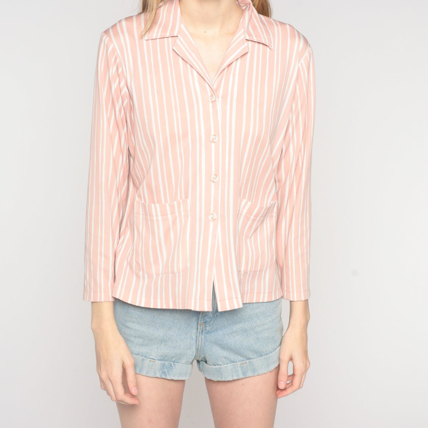 70s Pink White Striped Button-Up Blouse Long Sleeve Collared Pocket Shirt Large