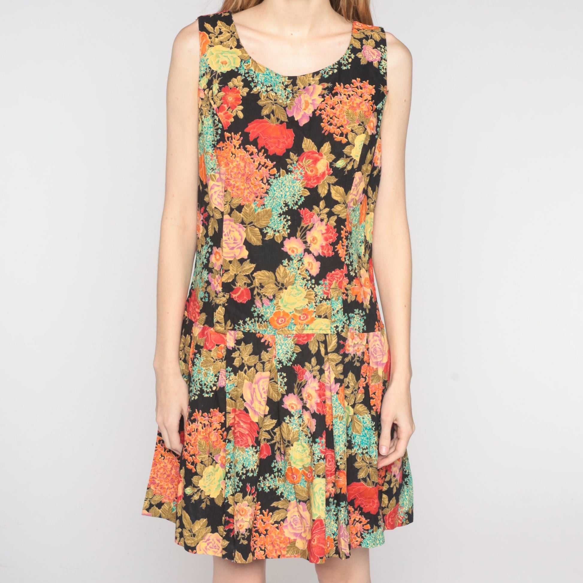 80s Joni Blair Floral Mini Dress Drop Waist Pleated Sleeveless Black Cotton Medium Large
