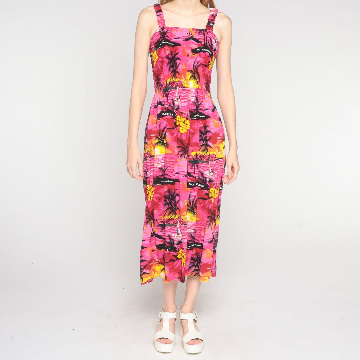 Y2K Pink Hawaiian Sunset Midi Dress Smocked Sleeveless Small Medium