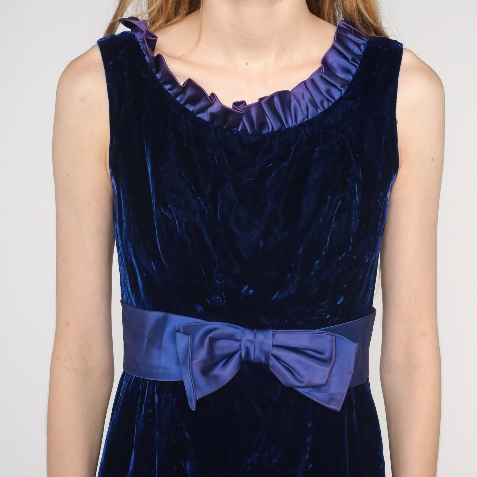 70s Indigo Velvet Maxi Dress Empire Waist Bow Ruffled Neckline Small S
