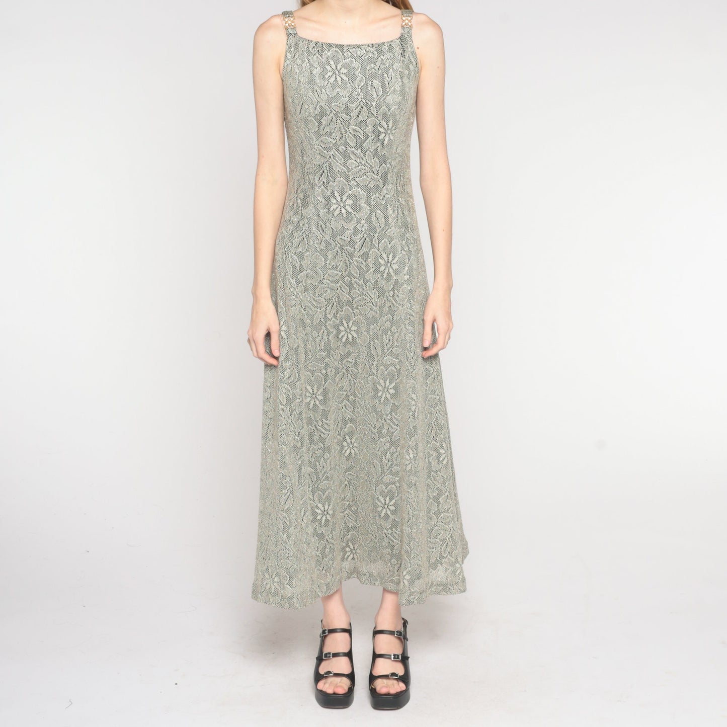 90s Metallic Floral Lace Maxi Dress Sleeveless Column Gown Small