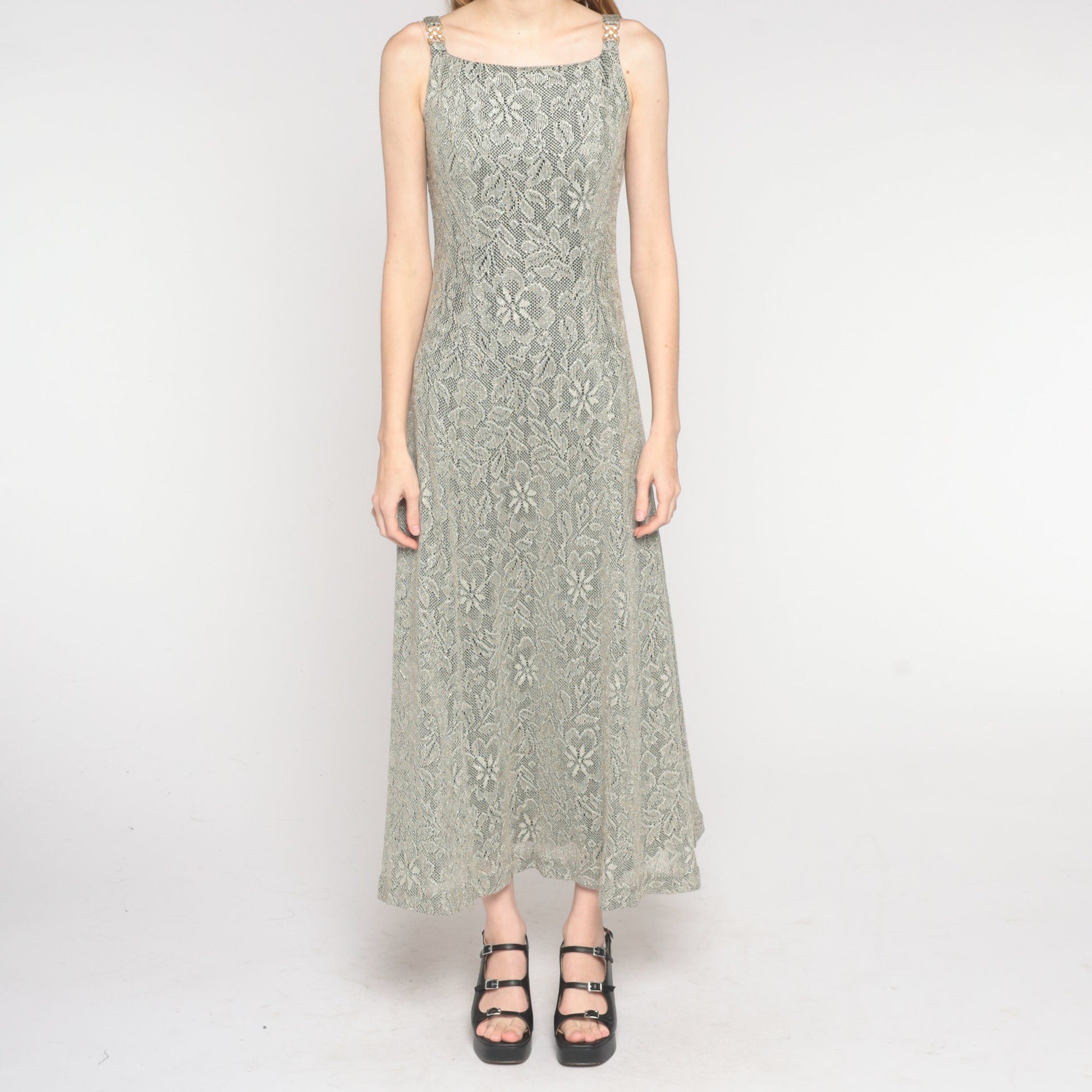 90s Metallic Floral Lace Maxi Dress Sleeveless Column Gown Small