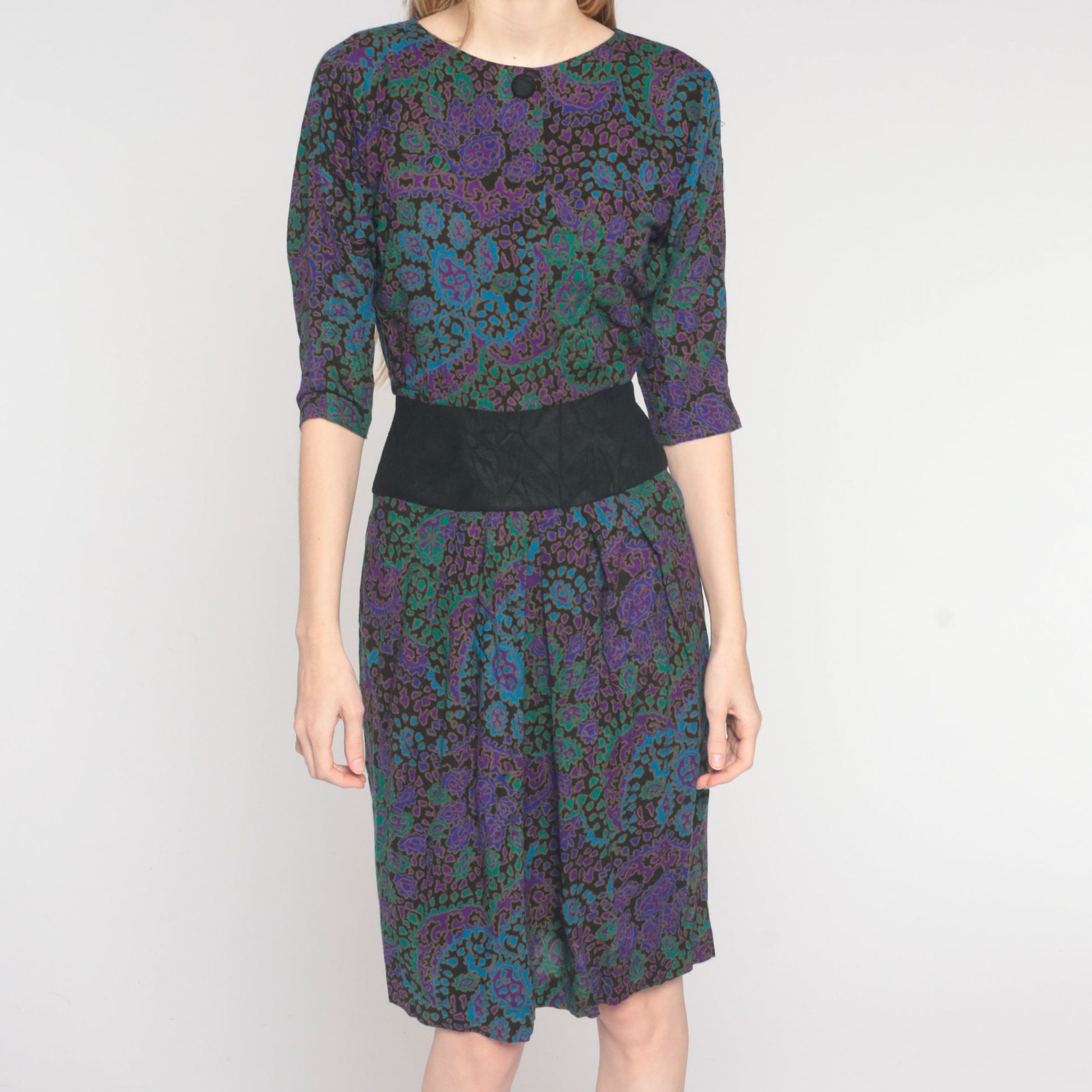 80s Paisley Shift Dress Black Purple Green Blue High Waist Knee Length Extra Small