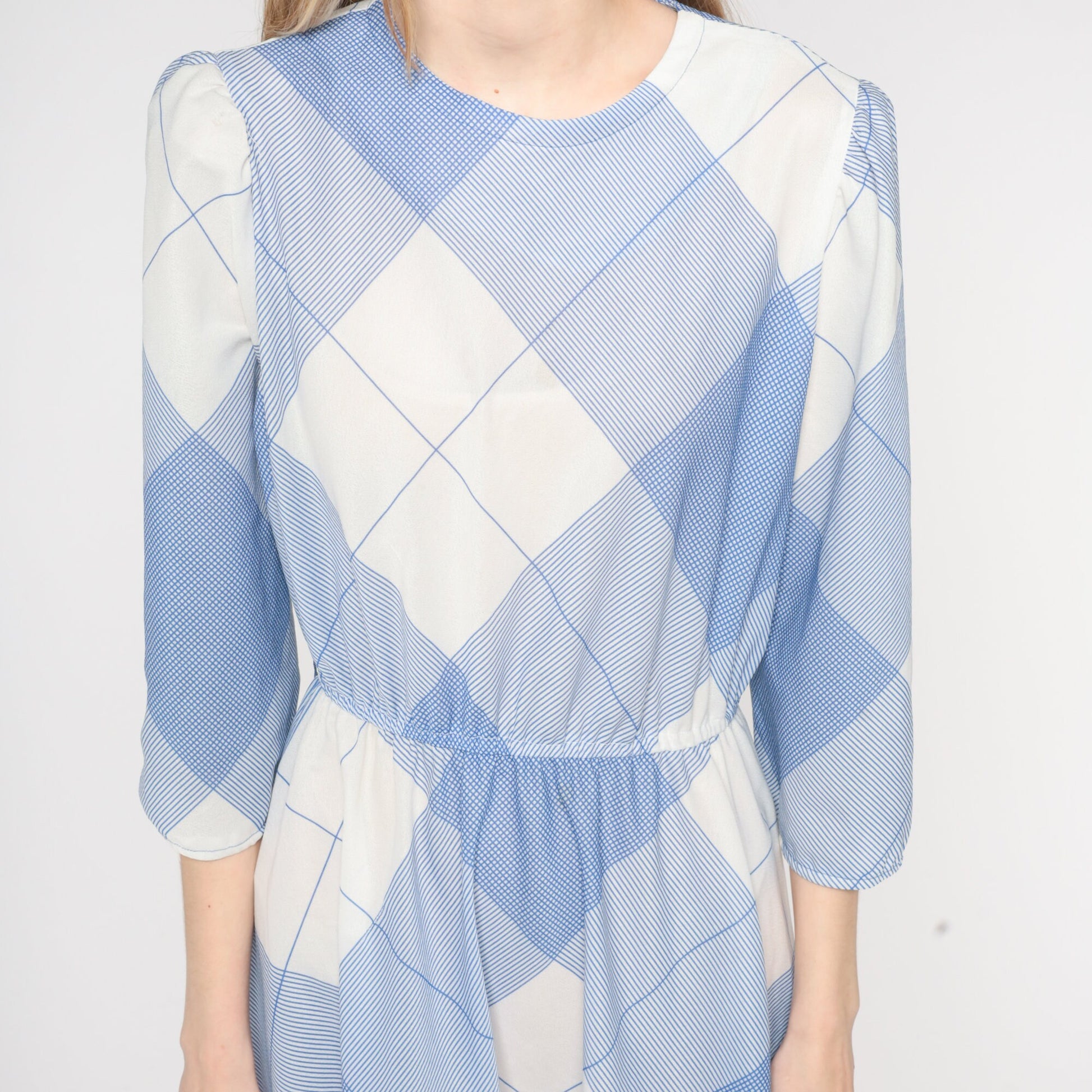 70s Blue White Checkered Mini Dress Puff Sleeve A-Line High Waist Medium Large