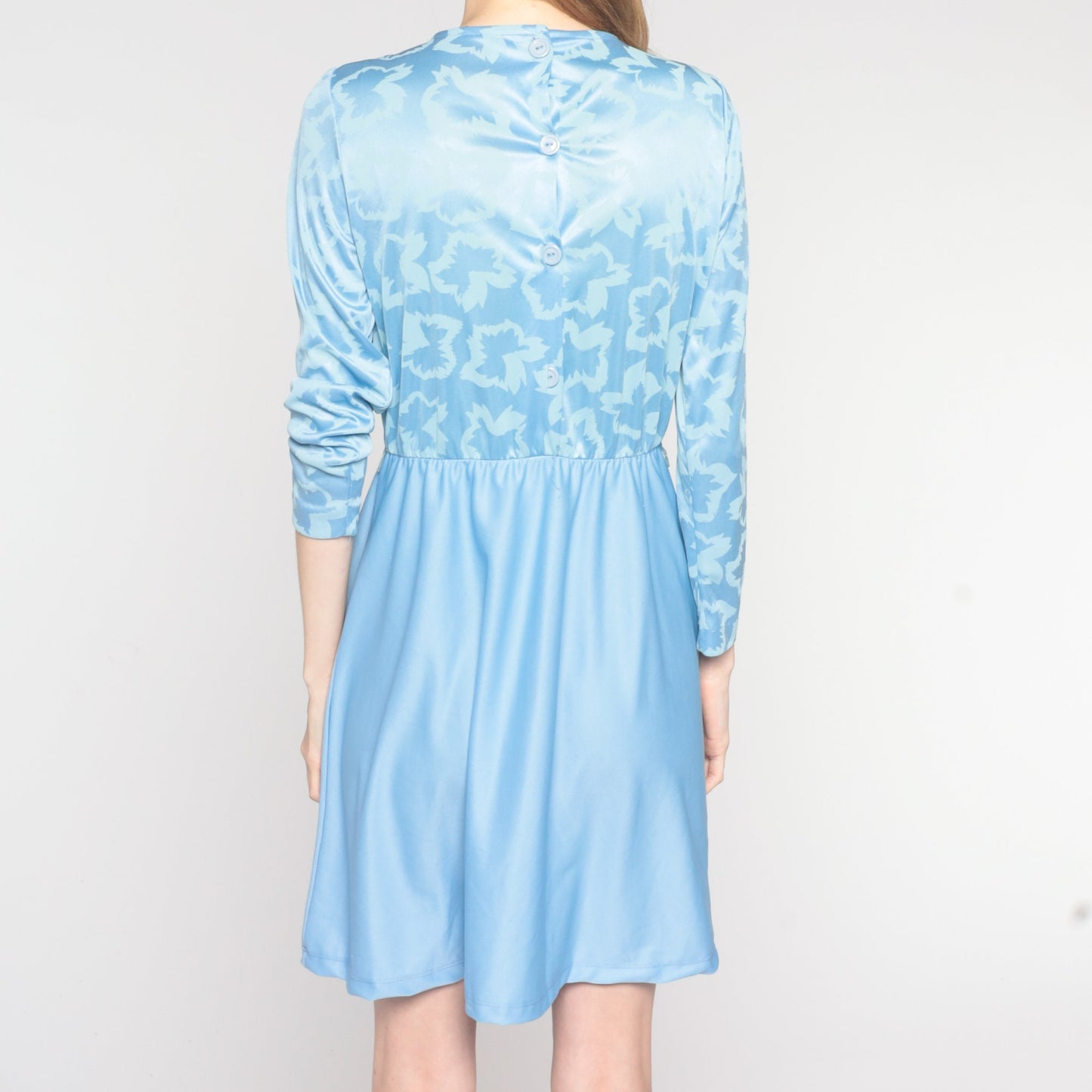 70s Blue Mini Dress Embossed Leaf Print High Waist Long Sleeve Small S
