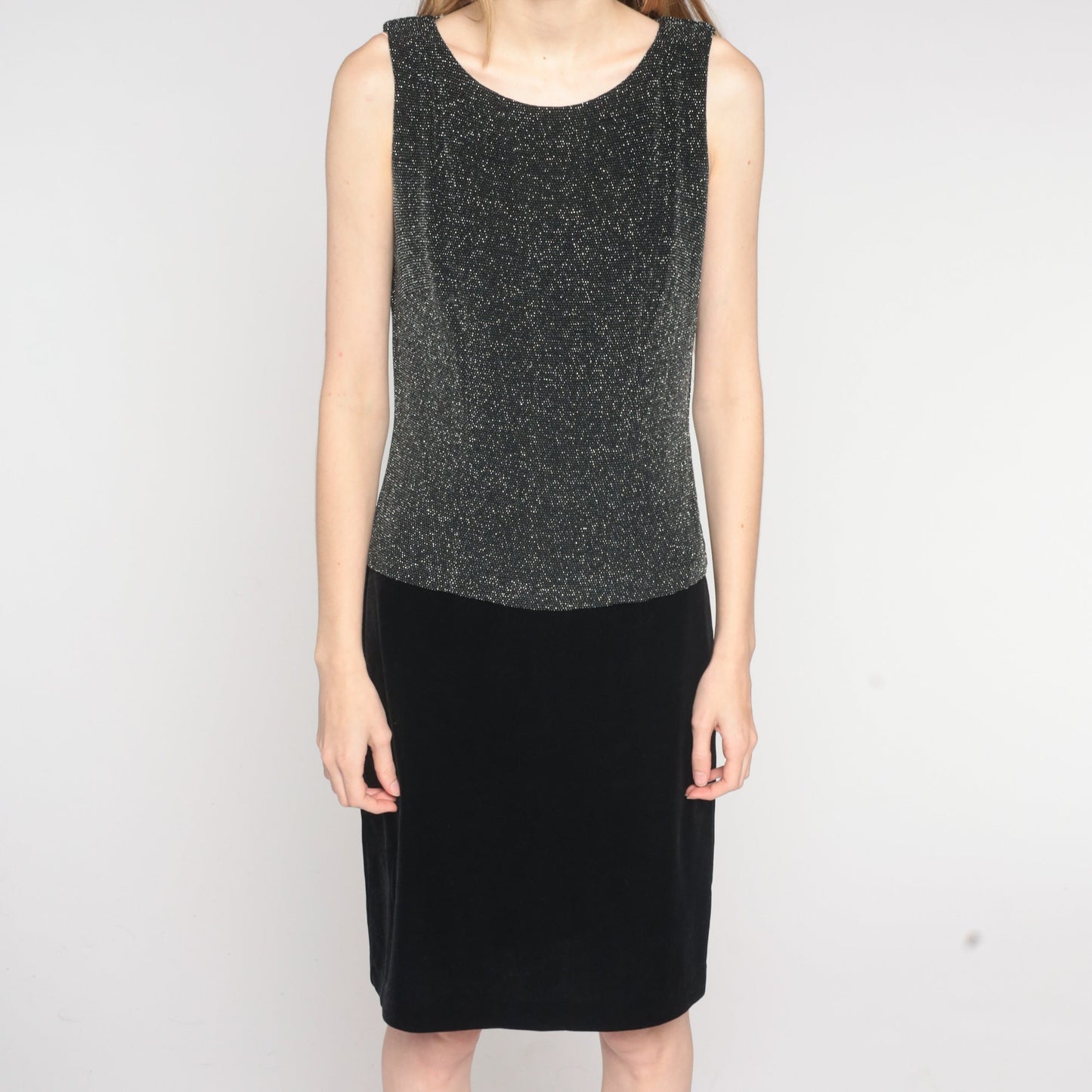 Y2K Metallic Silver Black Mini Shift Dress Sleeveless 00s Cocktail Medium 8