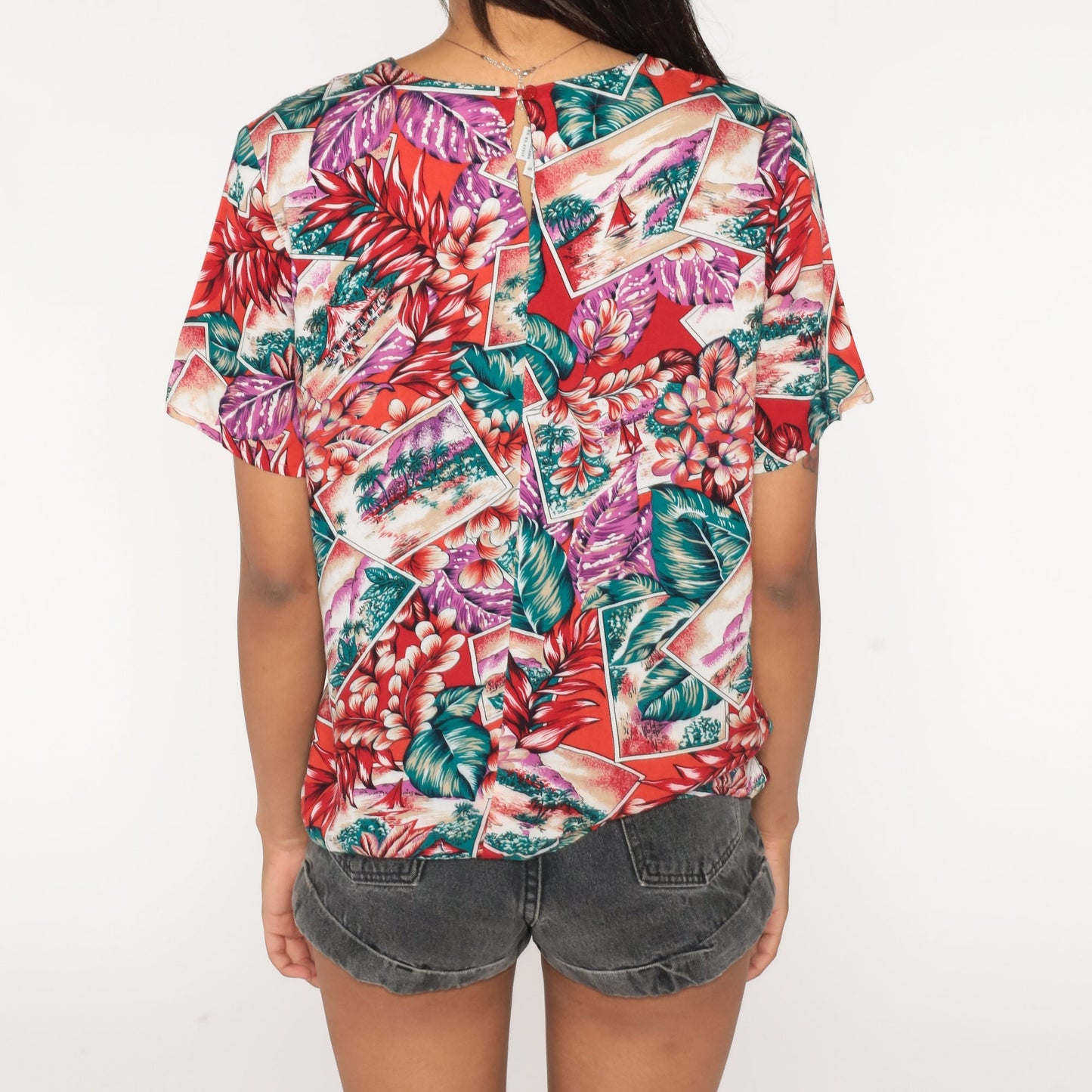 80s Hawaiian Tropical Island Shirt Red Floral Aloha Blouse Small