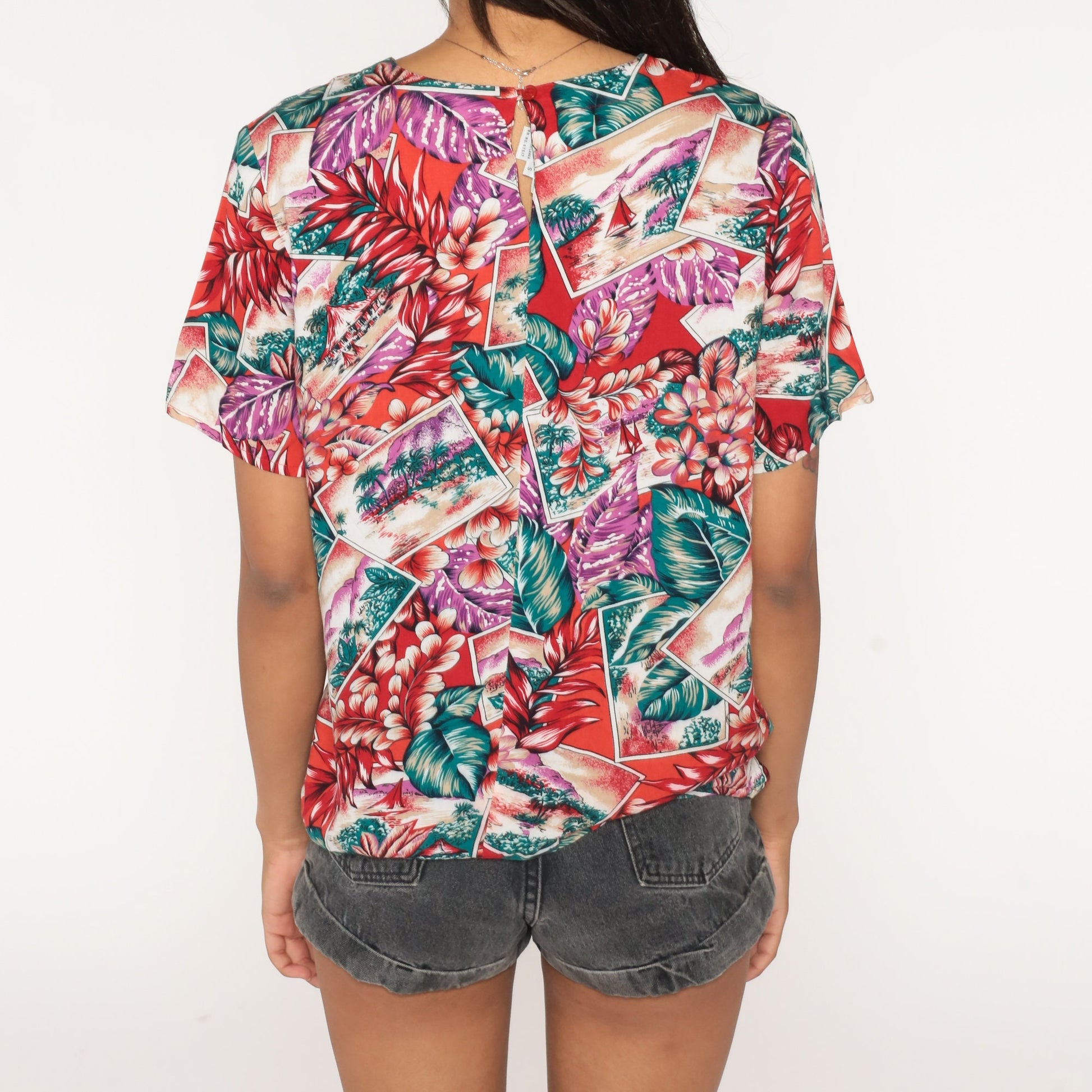 80s Hawaiian Tropical Island Shirt Red Floral Aloha Blouse Small