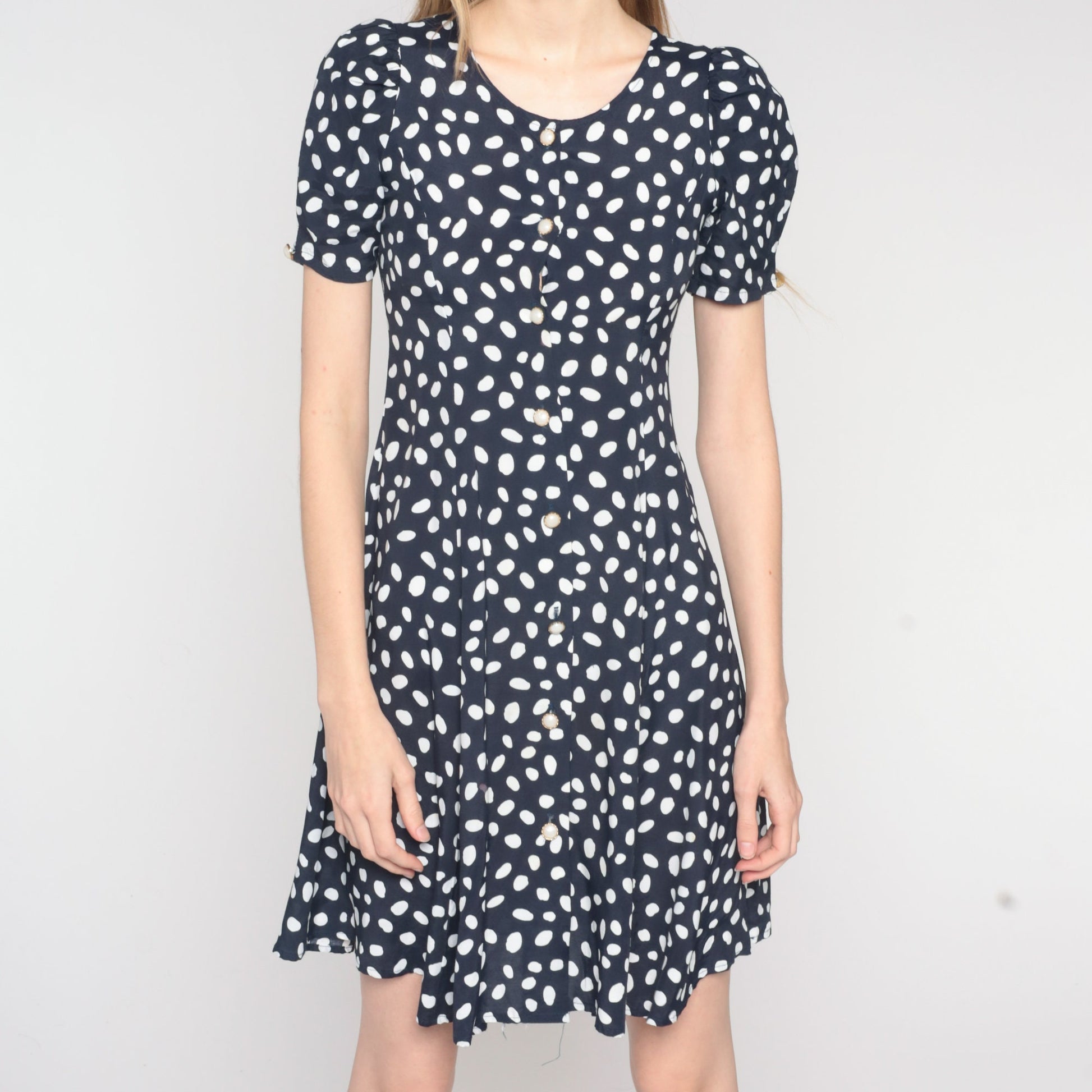 90s Navy Polka Dot Puff Sleeve Mini Dress Button Up Rayon Extra Small