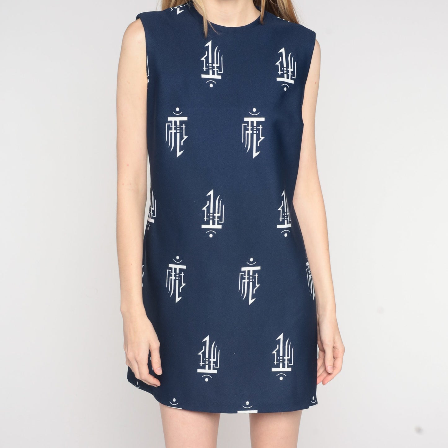 70s Navy Shift Dress Abstract Stamp Print Sleeveless Mini Medium M