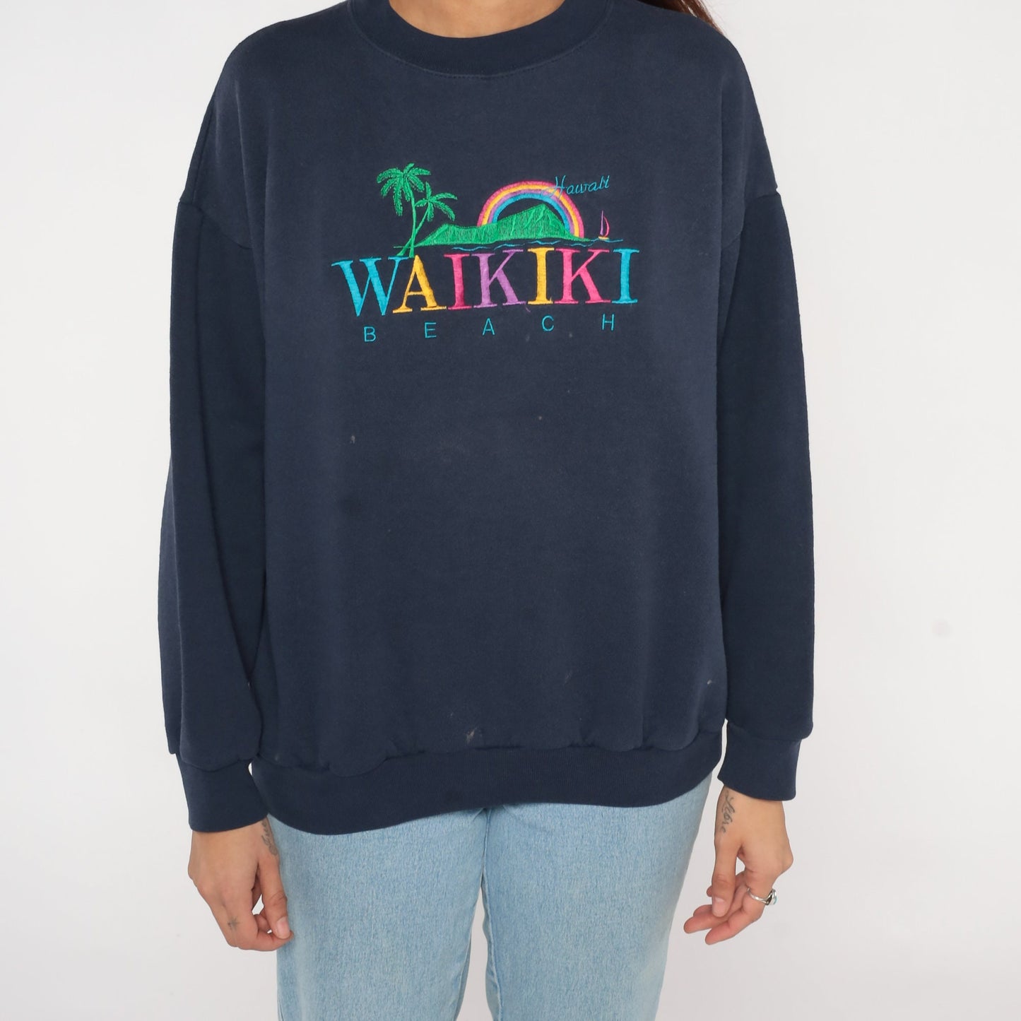 90s Waikiki Beach Hawaii Embroidered Sweatshirt Navy Crewneck Large L