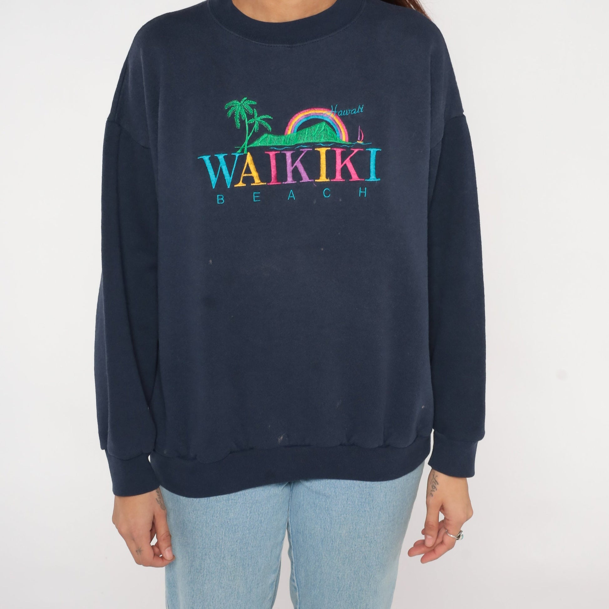 90s Waikiki Beach Hawaii Embroidered Sweatshirt Navy Crewneck Large L