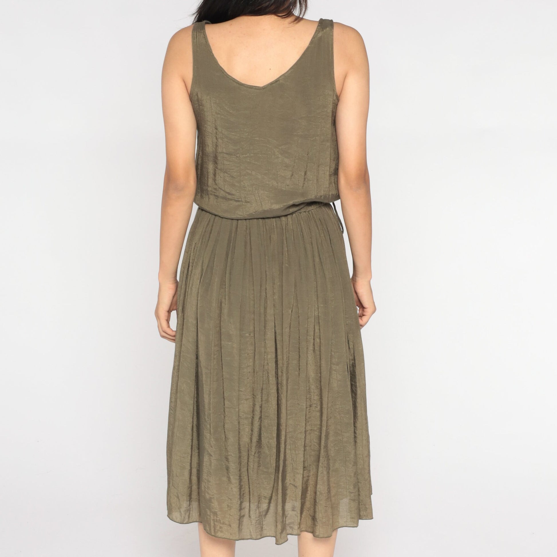 Y2K Metallic Bronze Midi Dress Sleeveless Pleated High Waist Small S