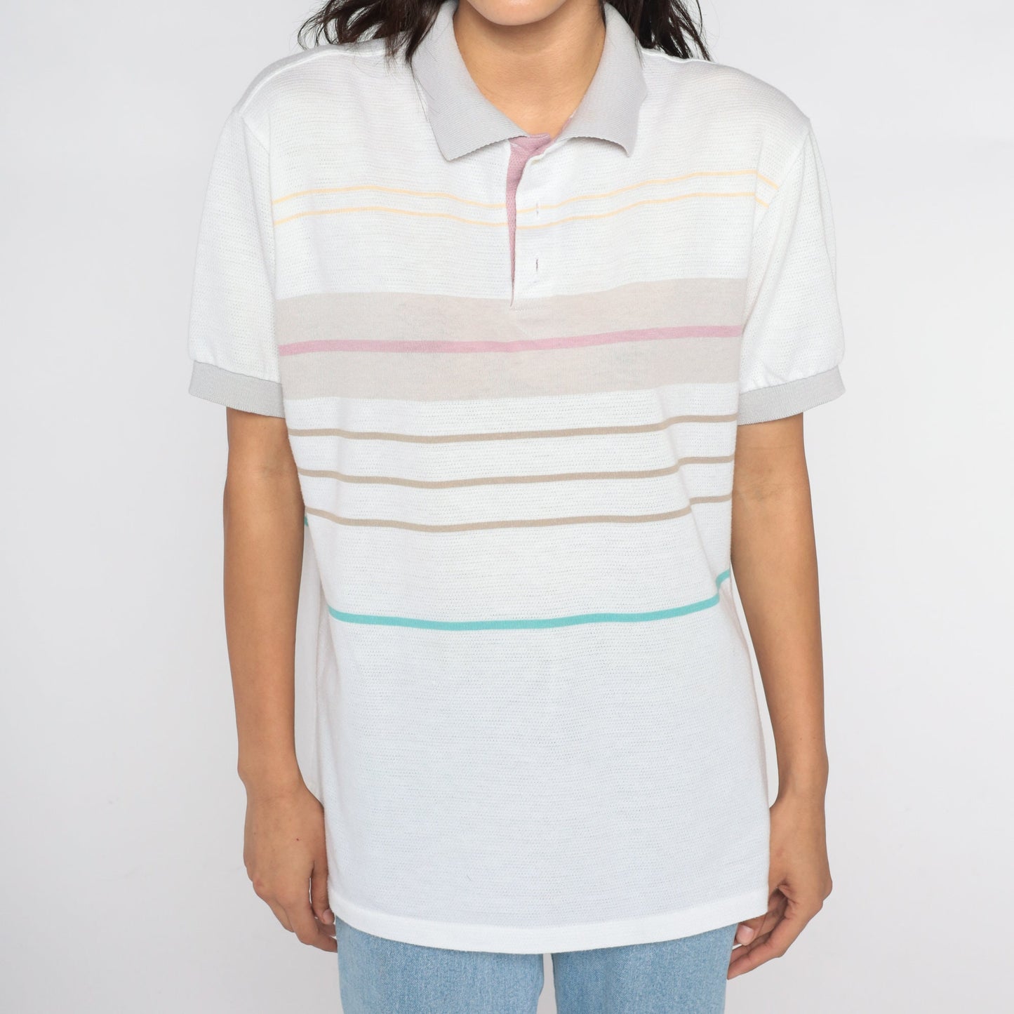 80s Striped Polo Shirt White Multicolor Collared Short Sleeve Medium Large
