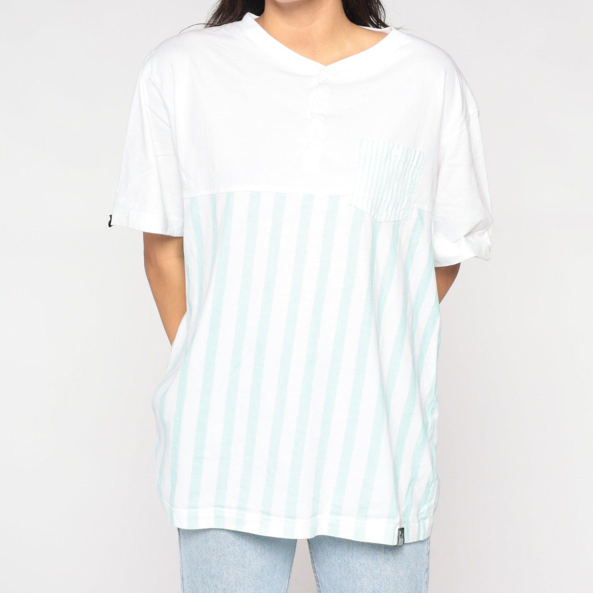 90s Striped Henley Shirt White Mint Green Short Sleeve Button Pocket Tee Large