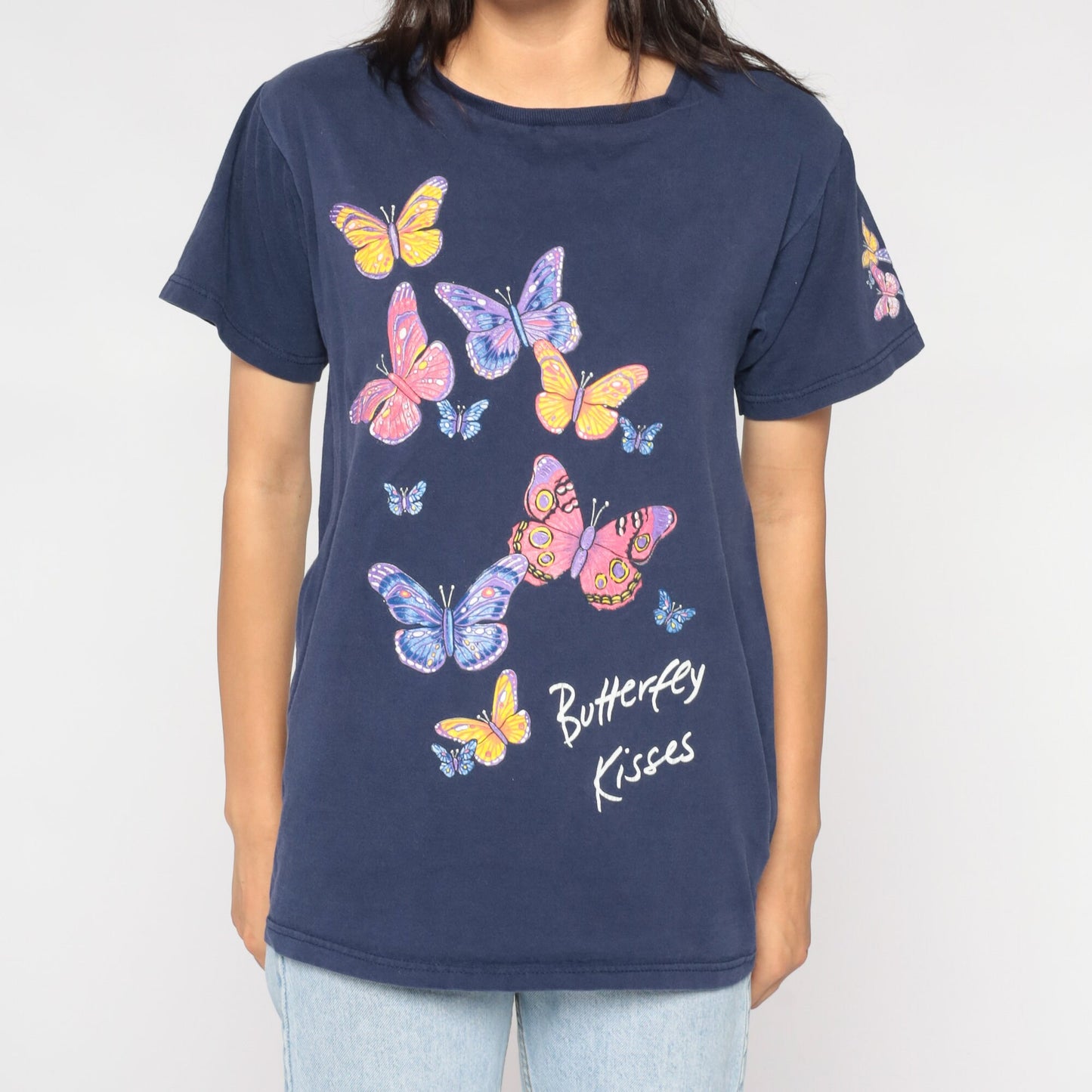 90s Butterfly Kisses Graphic T-Shirt Blue Nature Print Small S