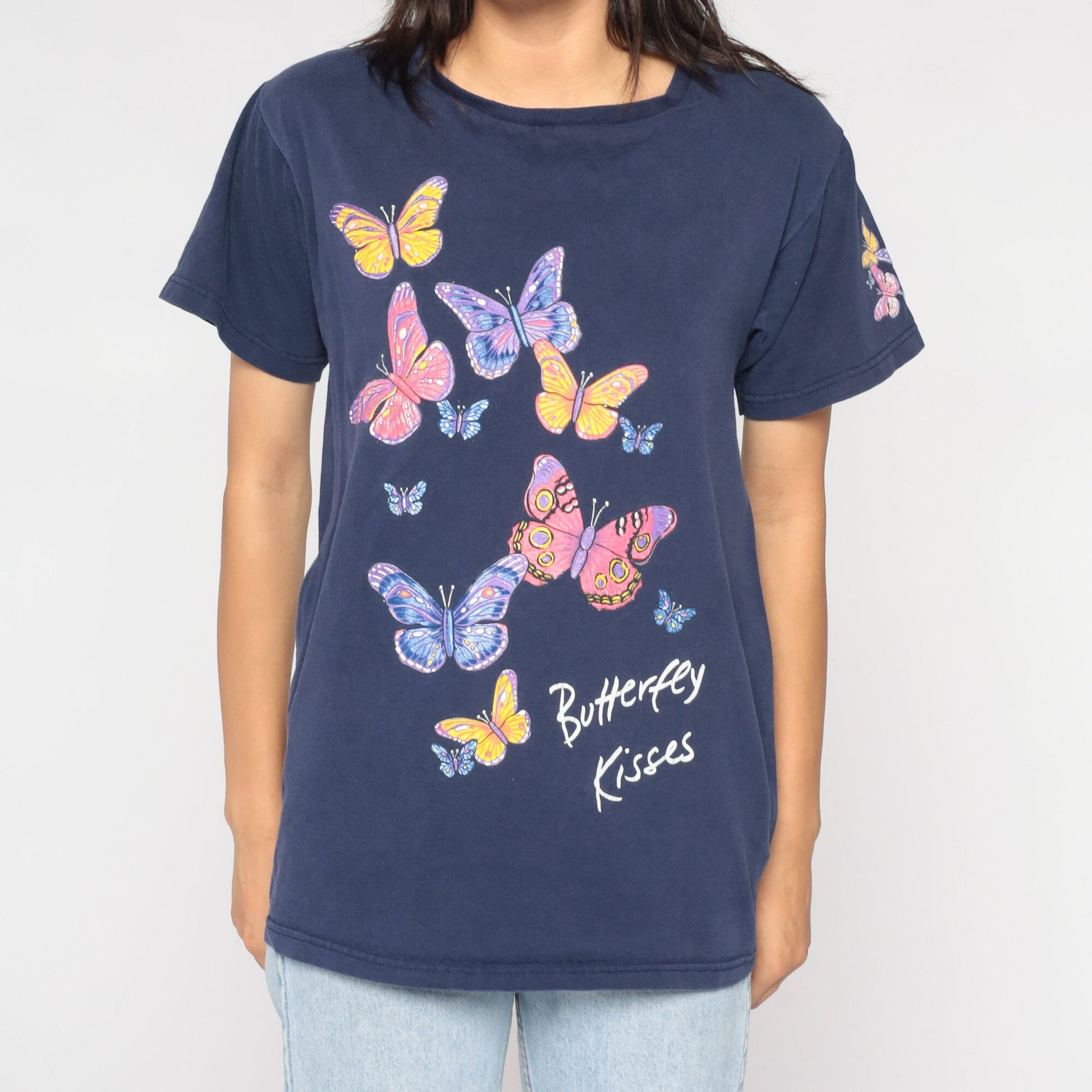 90s Butterfly Kisses Graphic T-Shirt Blue Nature Print Small S