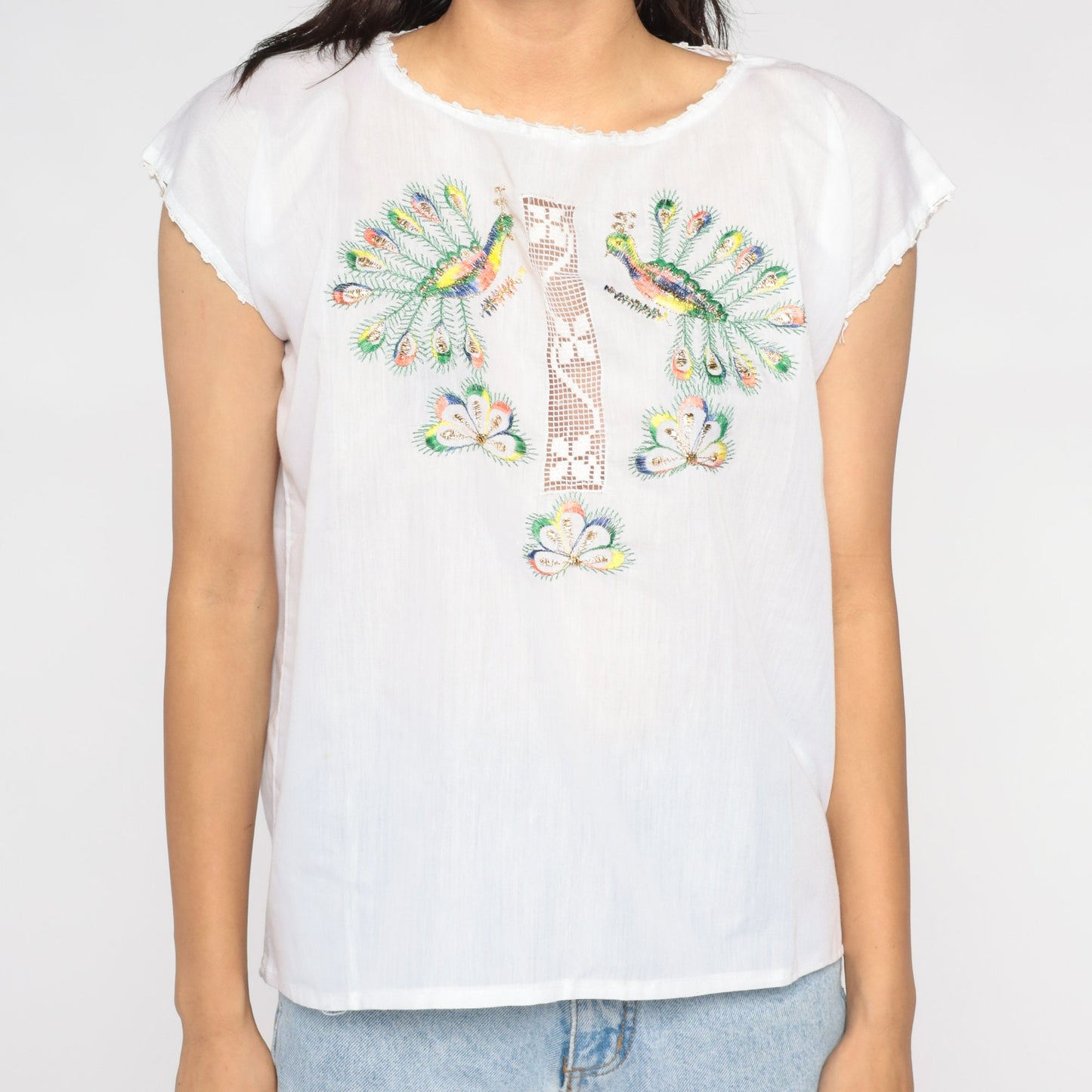90s White Peacock Embroidered Blouse Metallic Cutout Cap Sleeve Medium