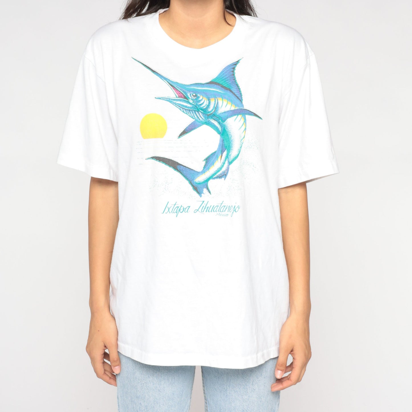 90s Swordfish Graphic T-Shirt Ixtapa Zihuatanejo Mexico White Single Stitch Medium