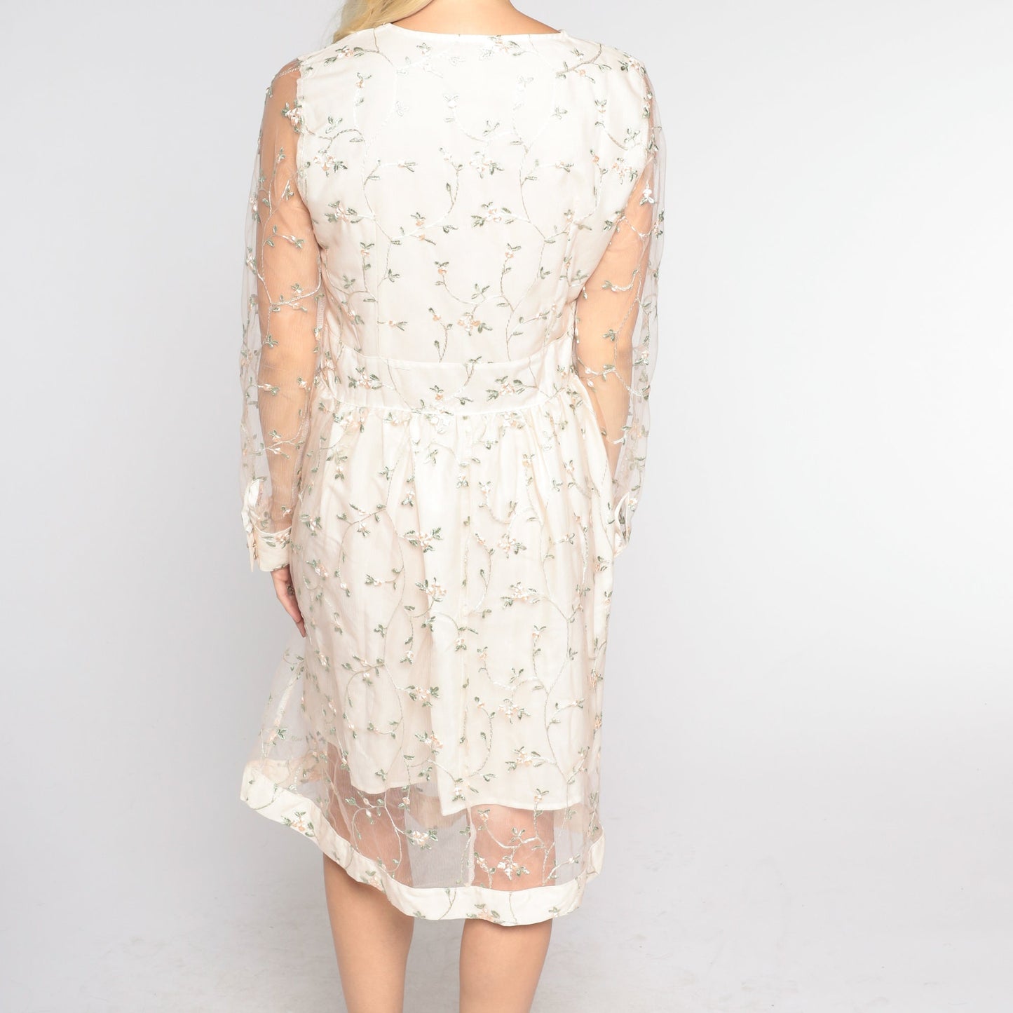 Y2K Floral Embroidered Mini Dress Cream Long Sheer Sleeve V Neck Medium