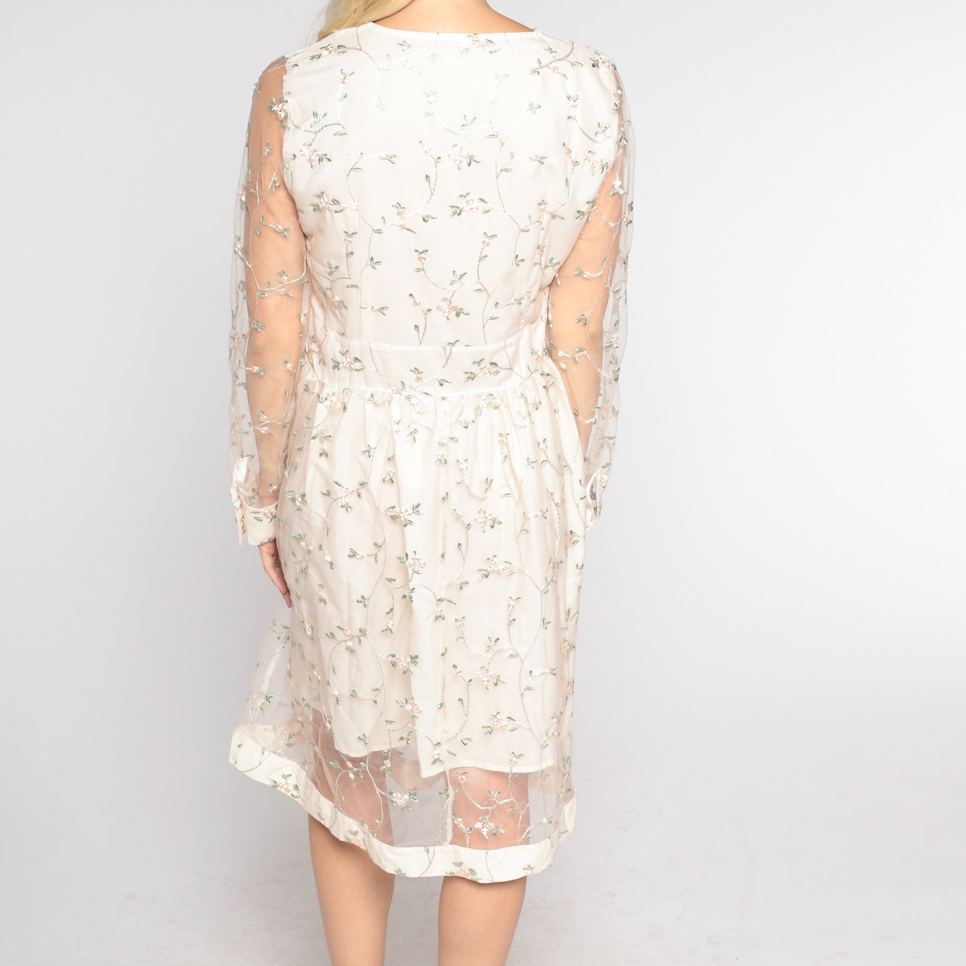 Y2K Floral Embroidered Mini Dress Cream Long Sheer Sleeve V Neck Medium