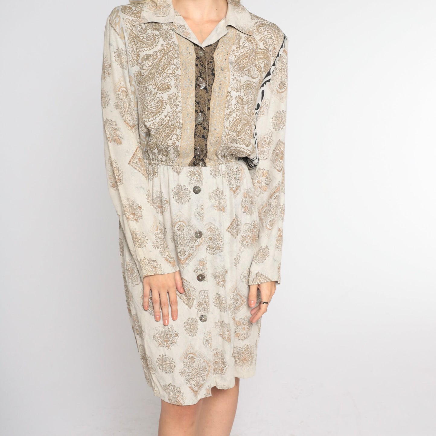 90s Carole Little Paisley Tile Print Dress Tan Collared Pencil Knee Length Small