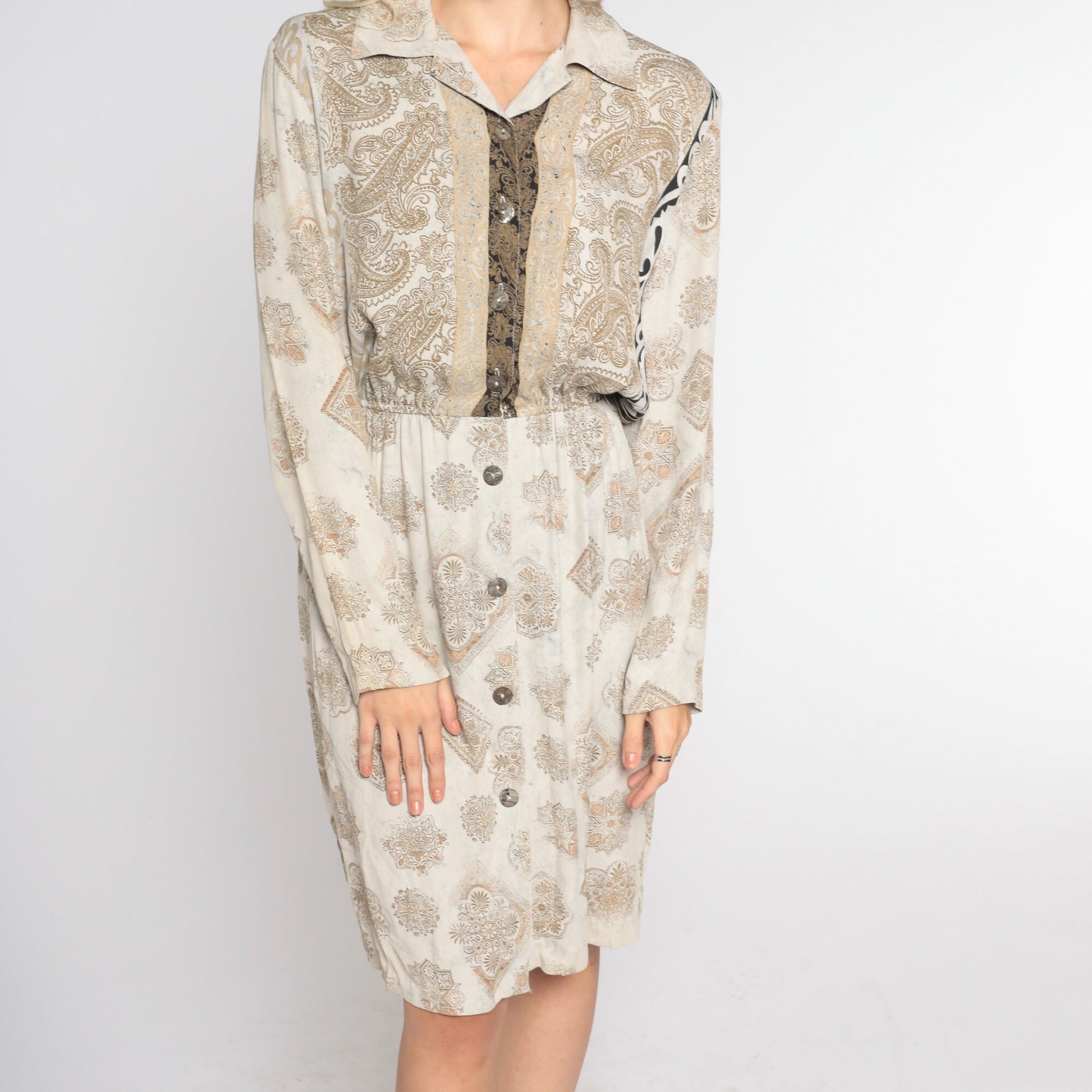 90s Carole Little Paisley Tile Print Dress Tan Collared Pencil Knee Length Small