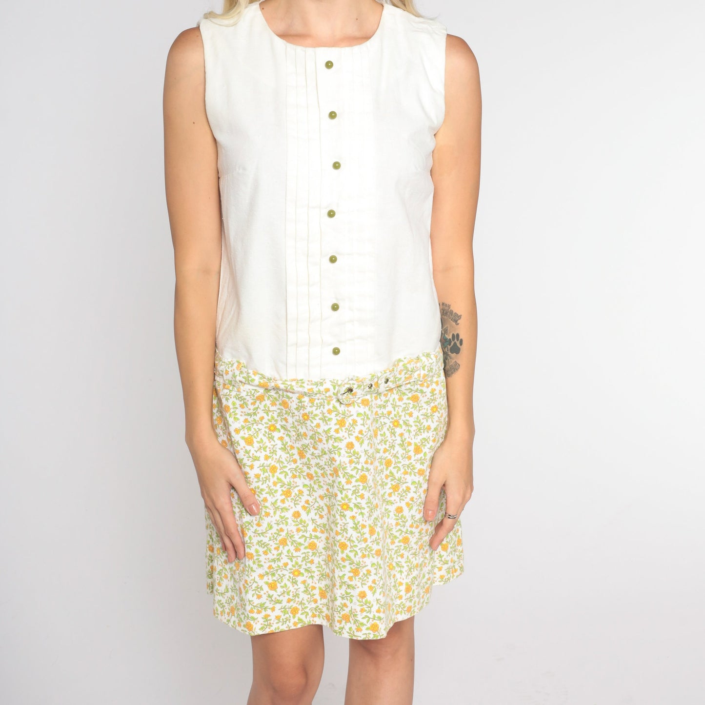 60s Mod Mini Dress White Floral Drop Waist Sleeveless Shift Small