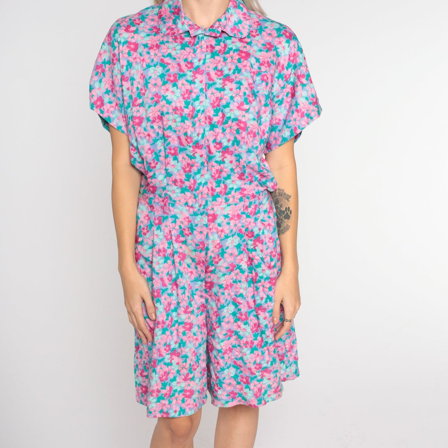 90s Floral Romper Purple Pink High-Waisted Shorts Playsuit Medium