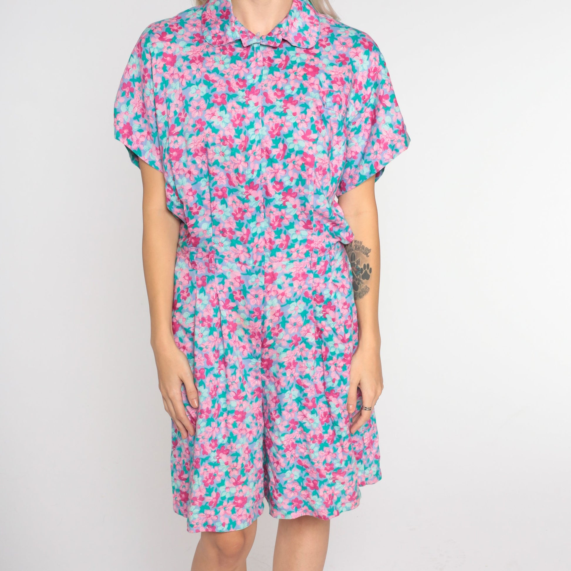 90s Floral Romper Purple Pink High-Waisted Shorts Playsuit Medium