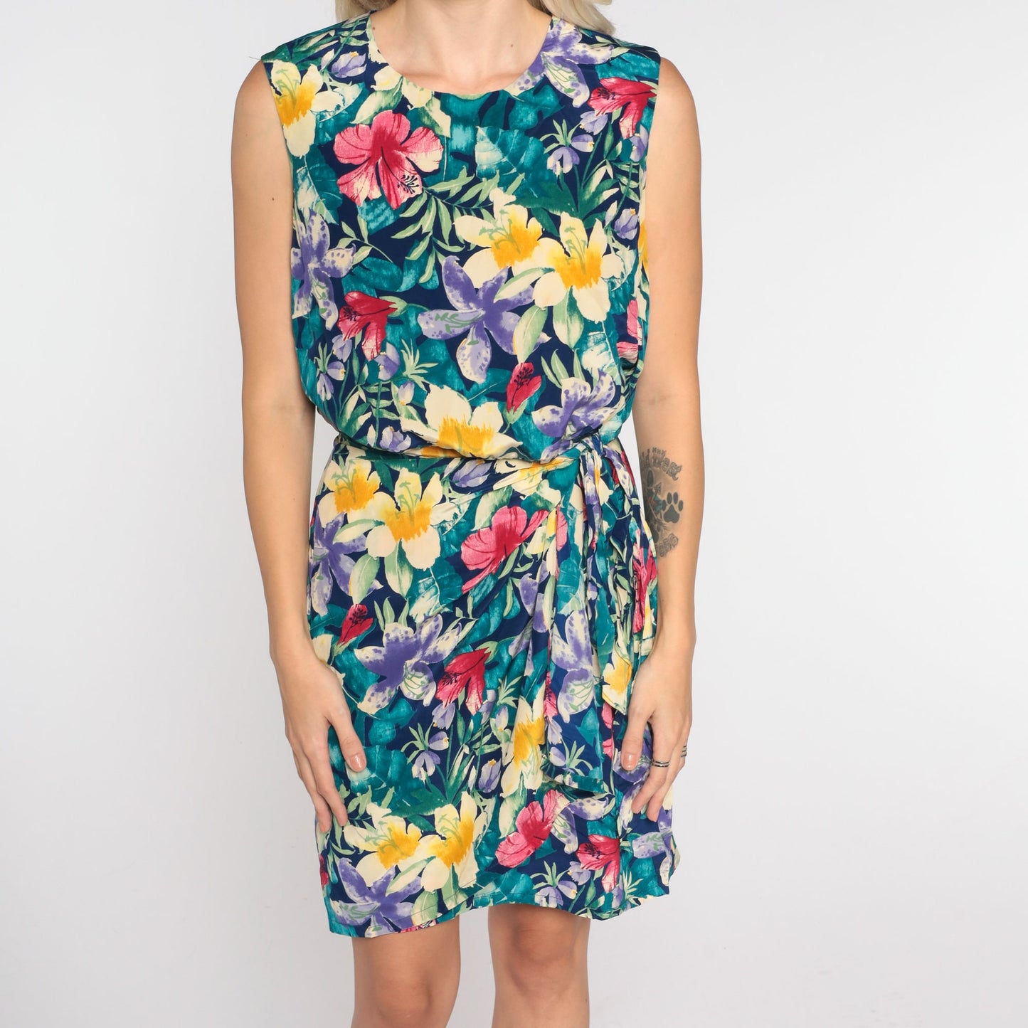 90s Tropical Floral Wrap Mini Dress Hibiscus Print Sleeveless XS