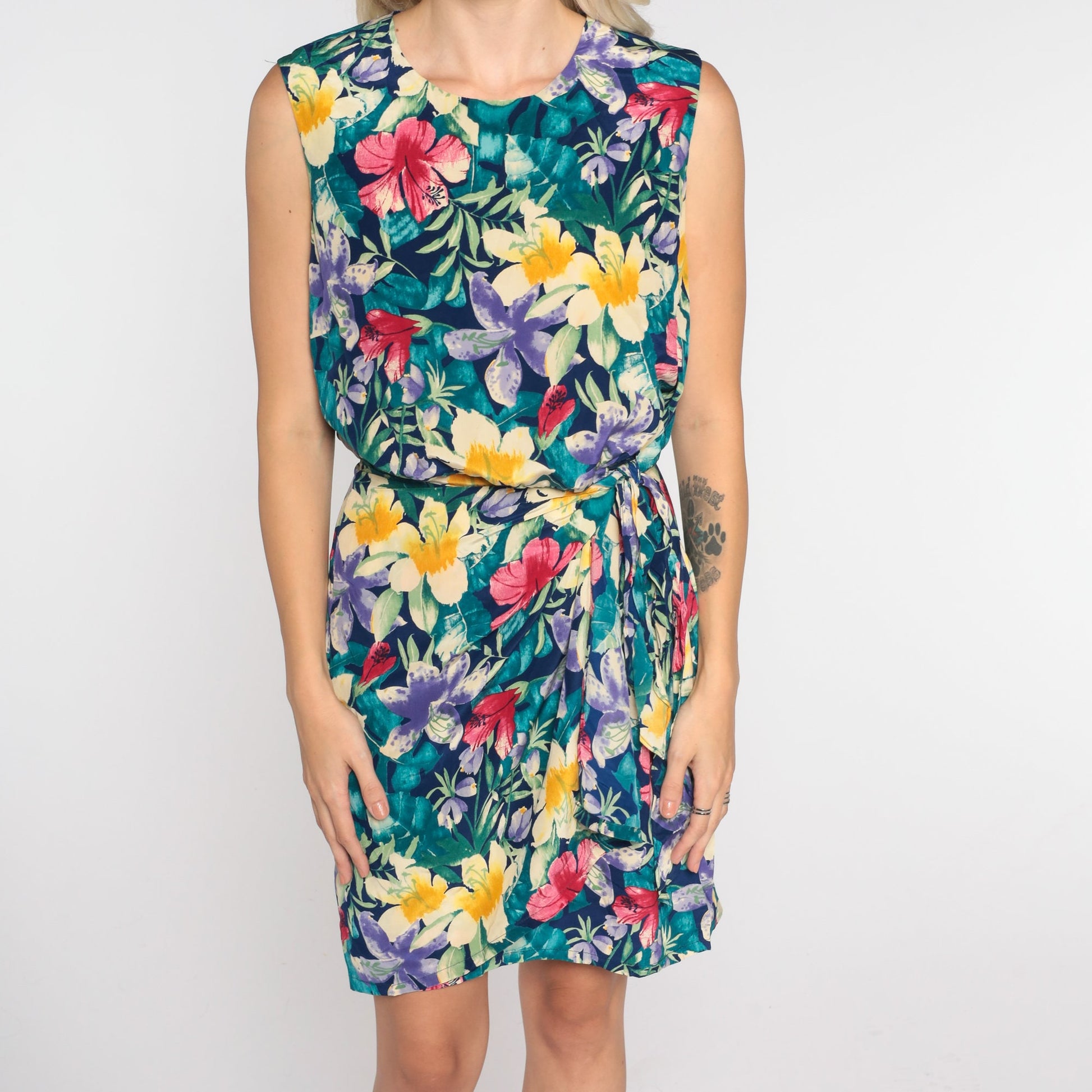 90s Tropical Floral Wrap Mini Dress Hibiscus Print Sleeveless XS