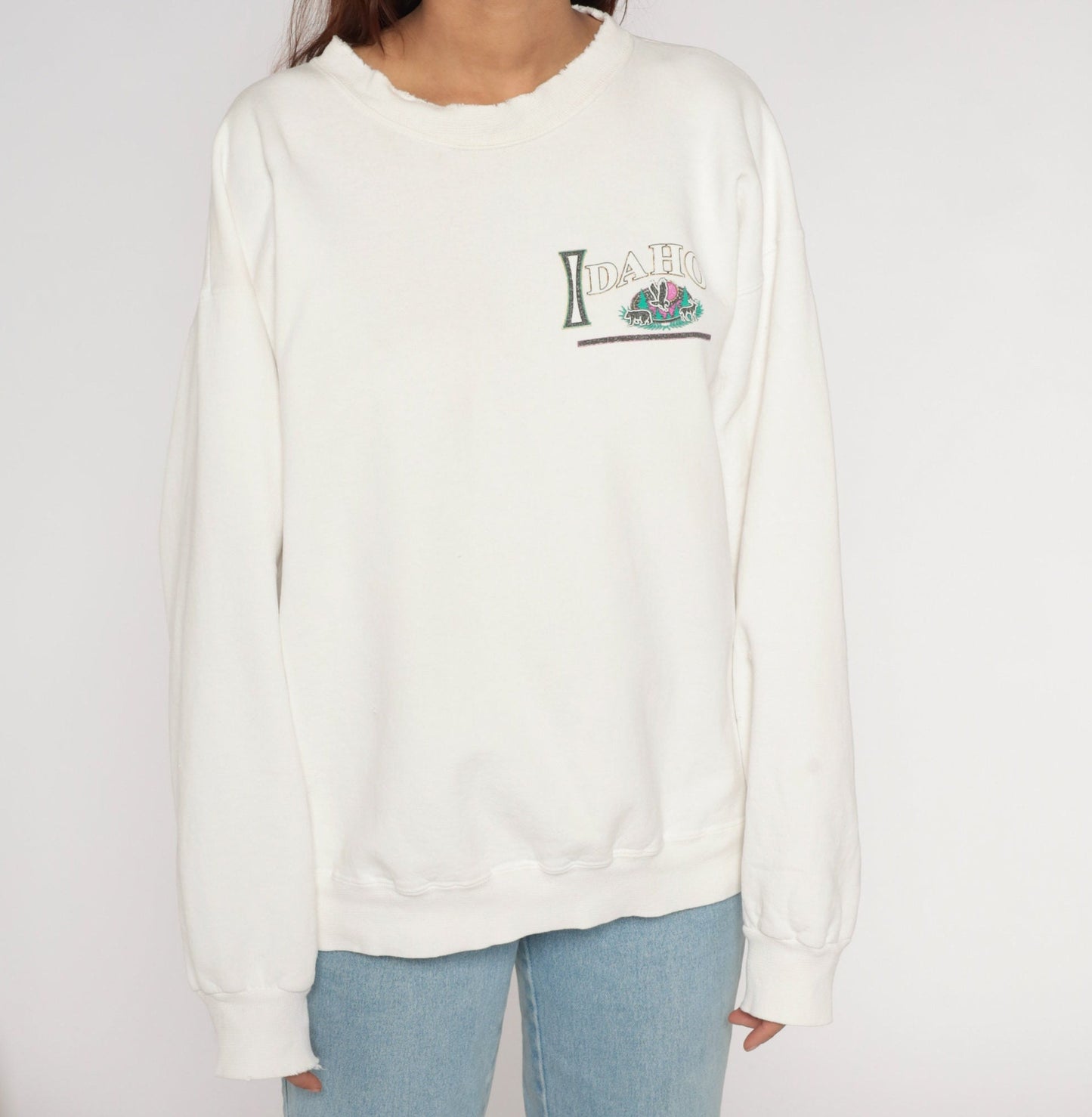 90s Idaho Gem State Wildlife Graphic Sweatshirt White Crewneck Large